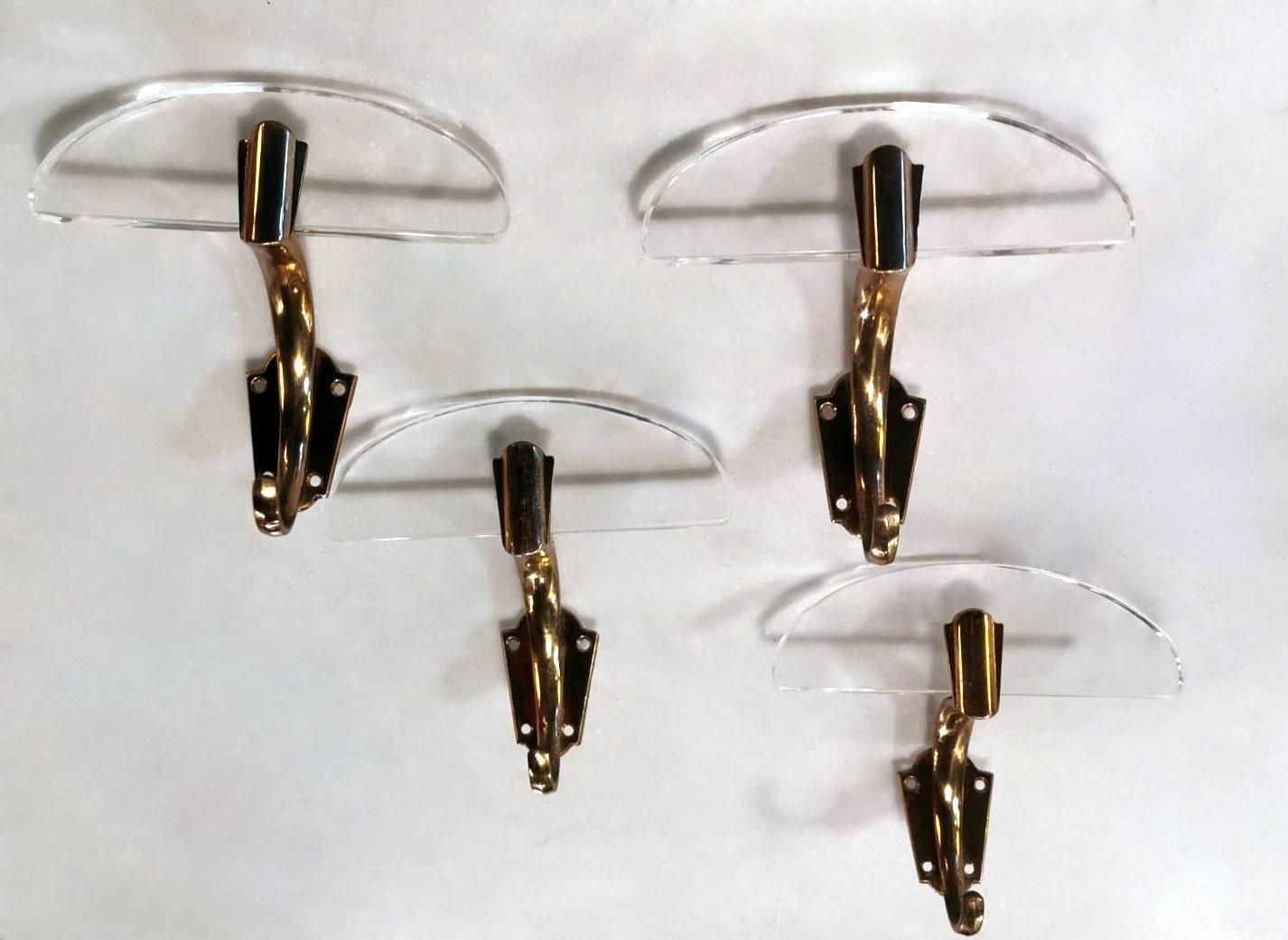 Mid-Century Modern Fontana Arte Style Set of 4 Italian Brass and Plexiglass Coat-Hangers