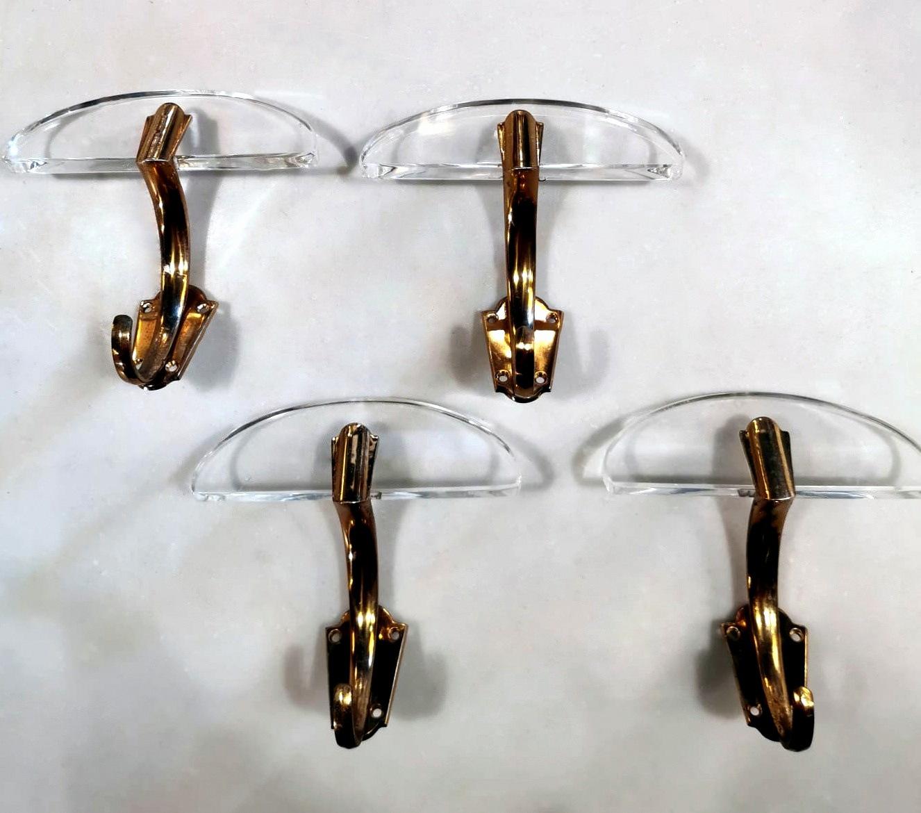 Polished Fontana Arte Style Set of 4 Italian Brass and Plexiglass Coat-Hangers