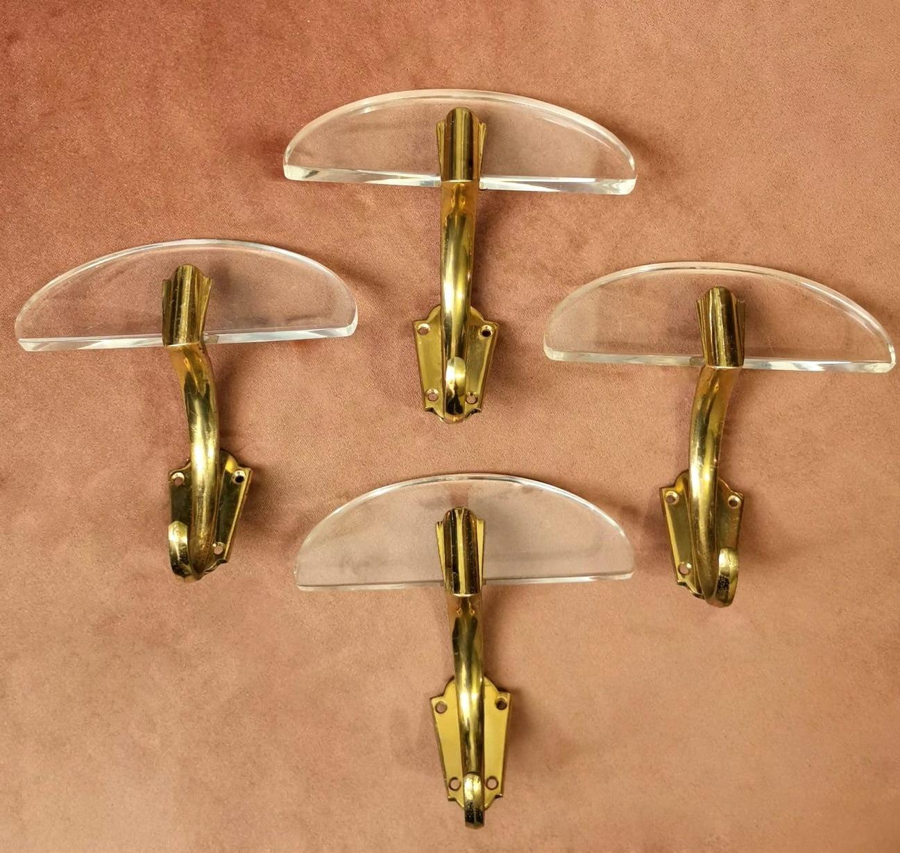 20th Century Fontana Arte Style Set of 4 Italian Brass and Plexiglass Coat-Hangers