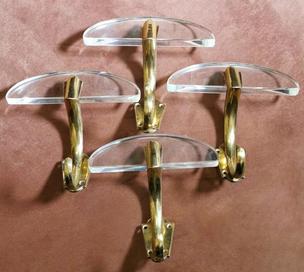 Fontana Arte Style Set of 4 Italian Brass and Plexiglass Coat-Hangers 1