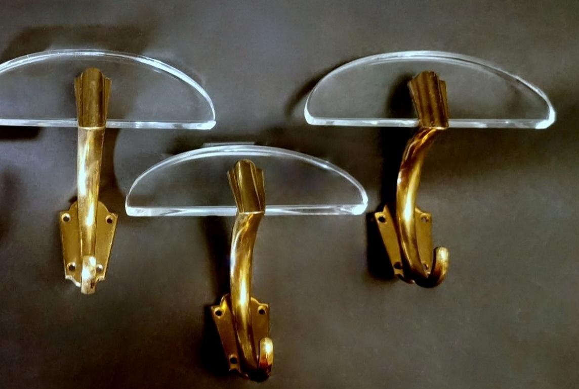 Fontana Arte Style Set of 4 Italian Brass and Plexiglass Coat-Hangers 3