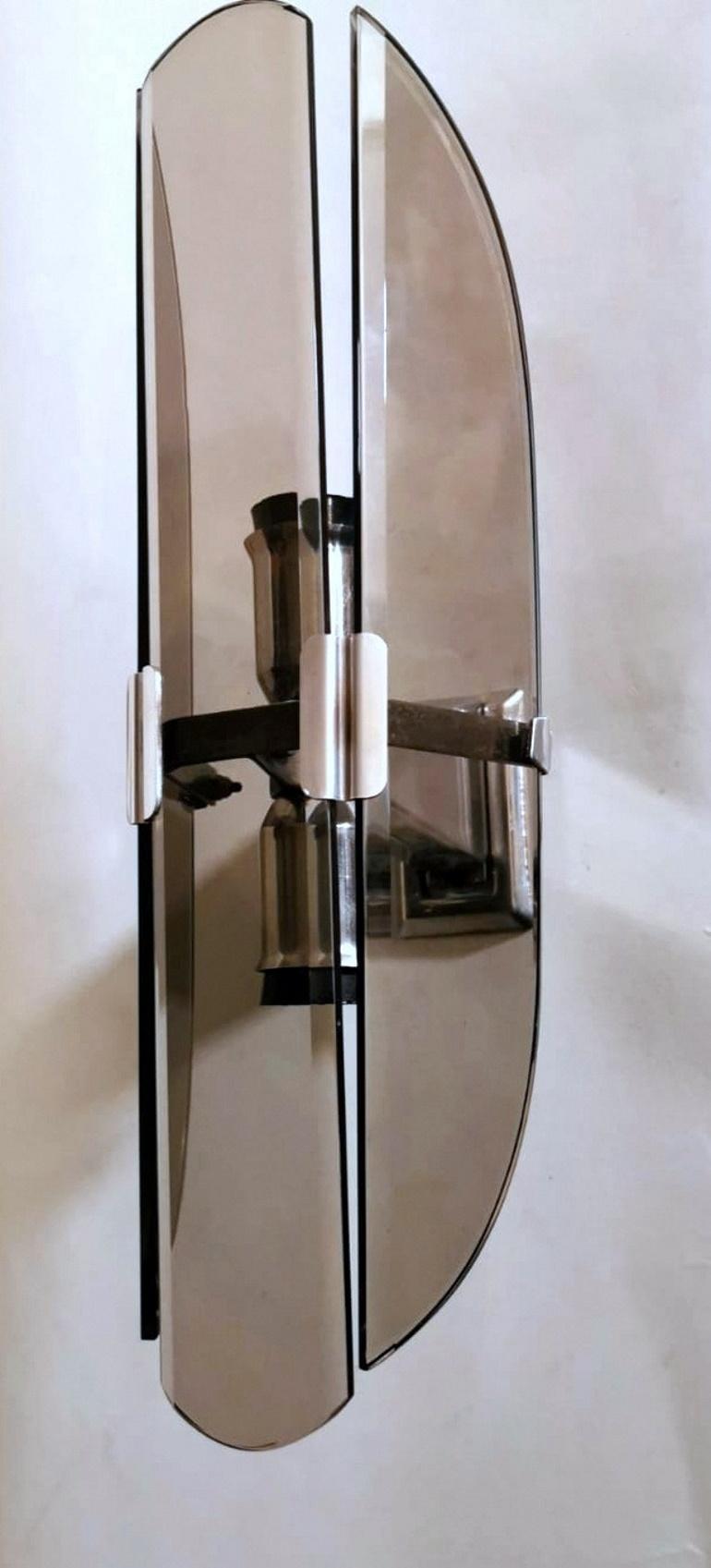 Mid-Century Modern Fontana Arte Style Single Sconce Tempered Glass And Nickel-Plated Brass