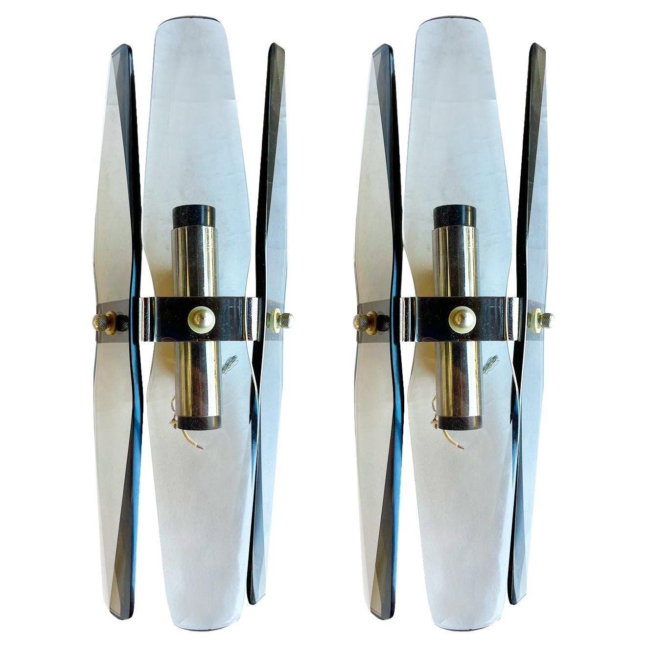 Fontana Arte Style Smoked Beveled Glass 2-Light Wall Sconce, Italy 1960, Pair For Sale