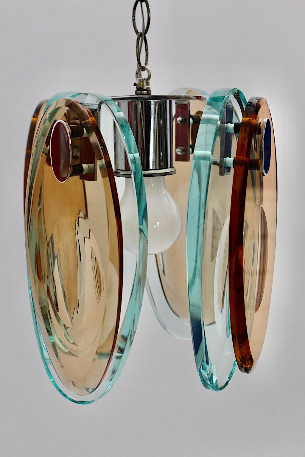 Fontana Arte Style Vintage Blue Brown Glass Chromed Chandelier Pendant, Italy For Sale 3