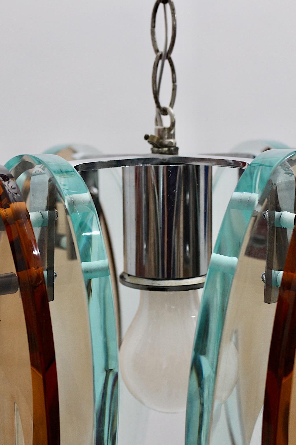 Verchromter Vintage-Kronleuchter im Fontana Arte-Stil aus blauem und braunem Glas, Italien im Angebot 10