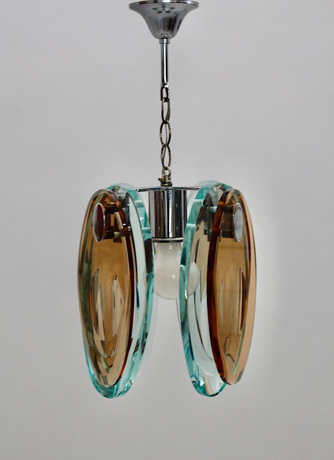 Modern Fontana Arte Style Vintage Blue Brown Glass Chromed Chandelier Pendant, Italy For Sale