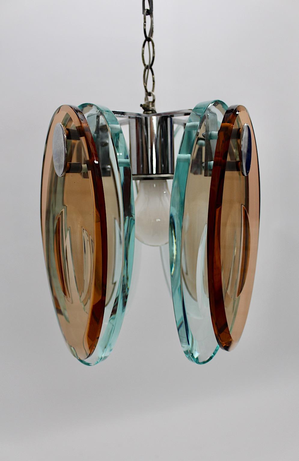 Fontana Arte Style Vintage Blue Brown Glass Chromed Chandelier Pendant, Italy In Good Condition For Sale In Vienna, AT