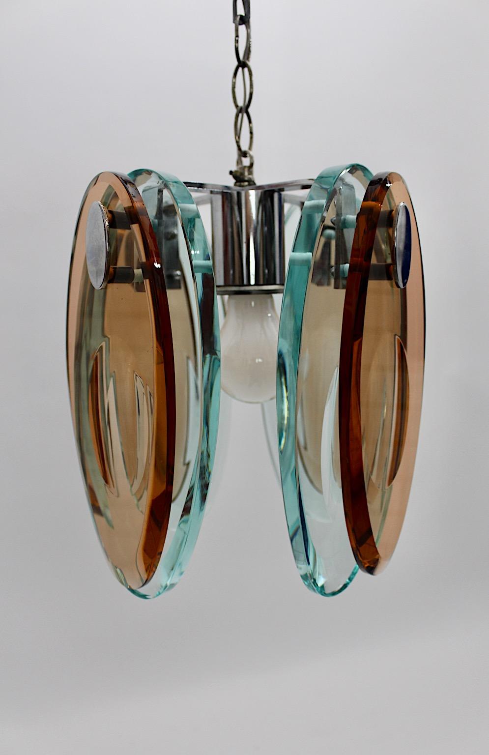 Verchromter Vintage-Kronleuchter im Fontana Arte-Stil aus blauem und braunem Glas, Italien im Zustand „Gut“ im Angebot in Vienna, AT
