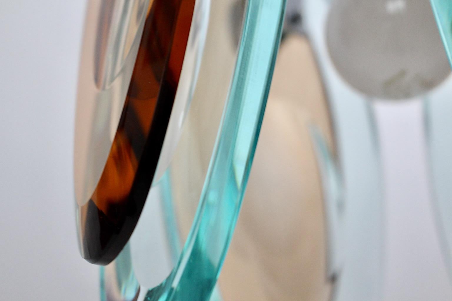 Metal Fontana Arte Style Vintage Blue Brown Glass Chromed Chandelier Pendant, Italy For Sale