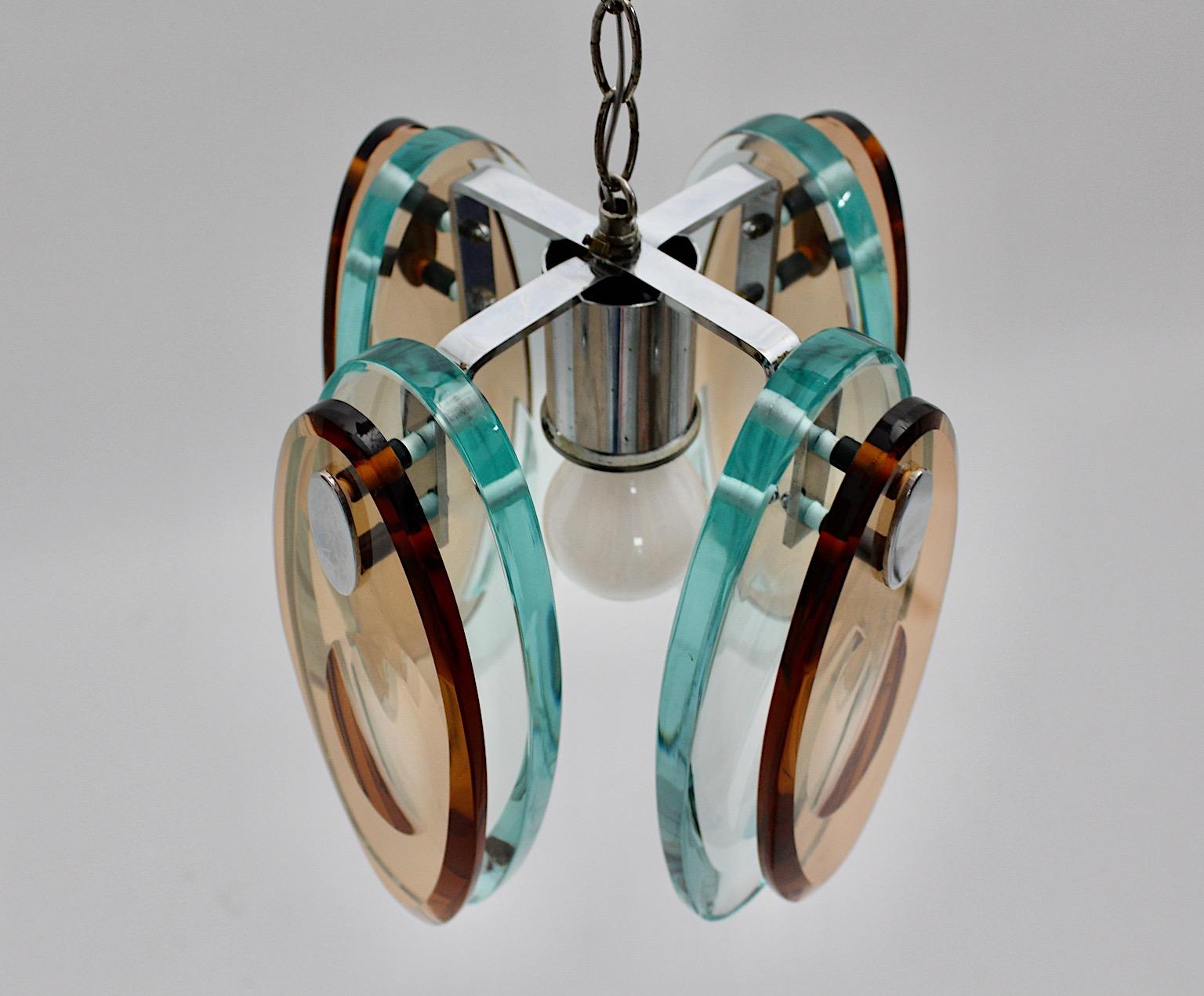 Fontana Arte Style Vintage Blue Brown Glass Chromed Chandelier Pendant, Italy For Sale 1