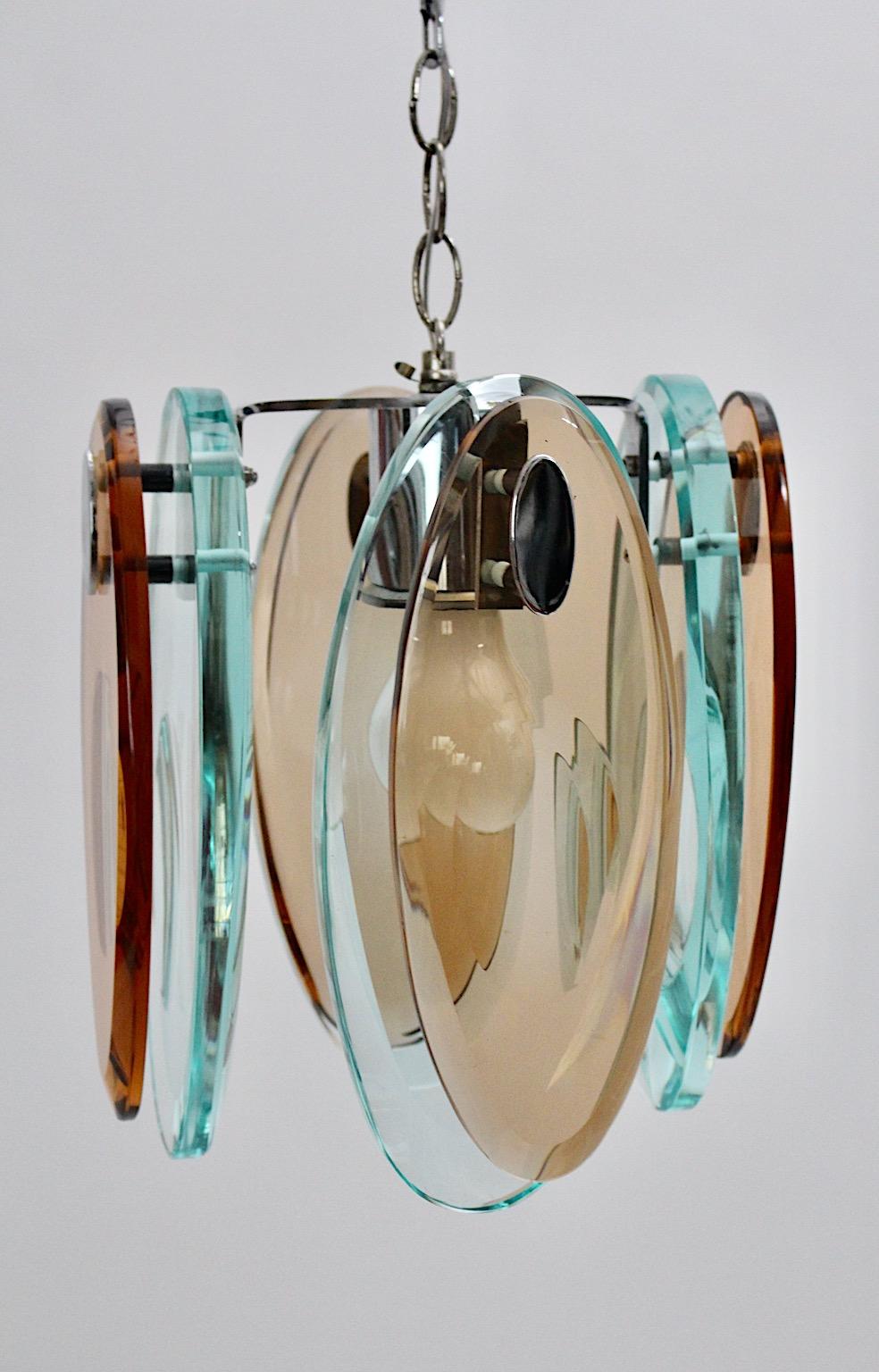 Fontana Arte Style Vintage Blue Brown Glass Chromed Chandelier Pendant, Italy For Sale 2