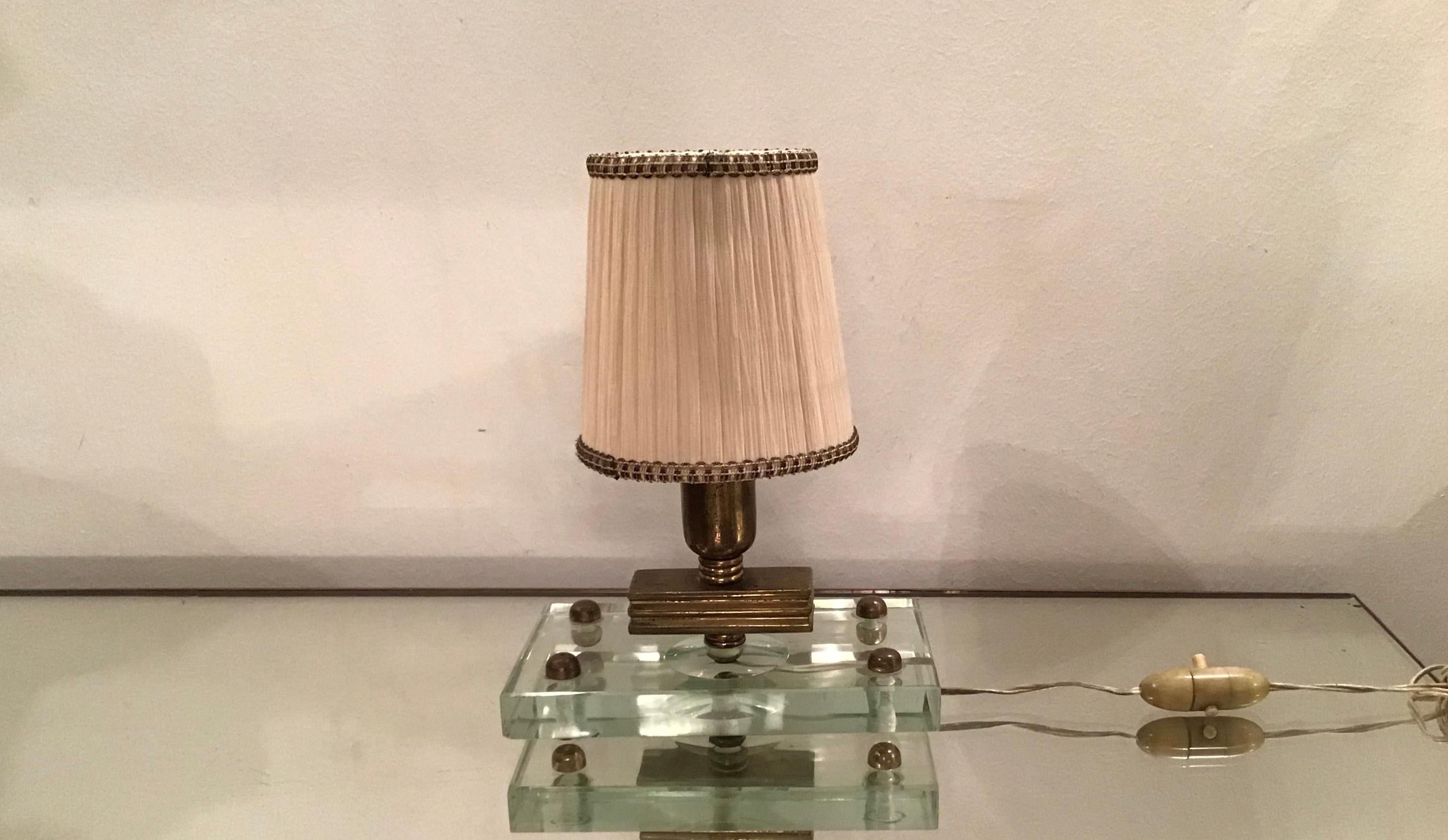 Fontana Arte table lamp glass brass fabric lampshade, 1950, Italy.