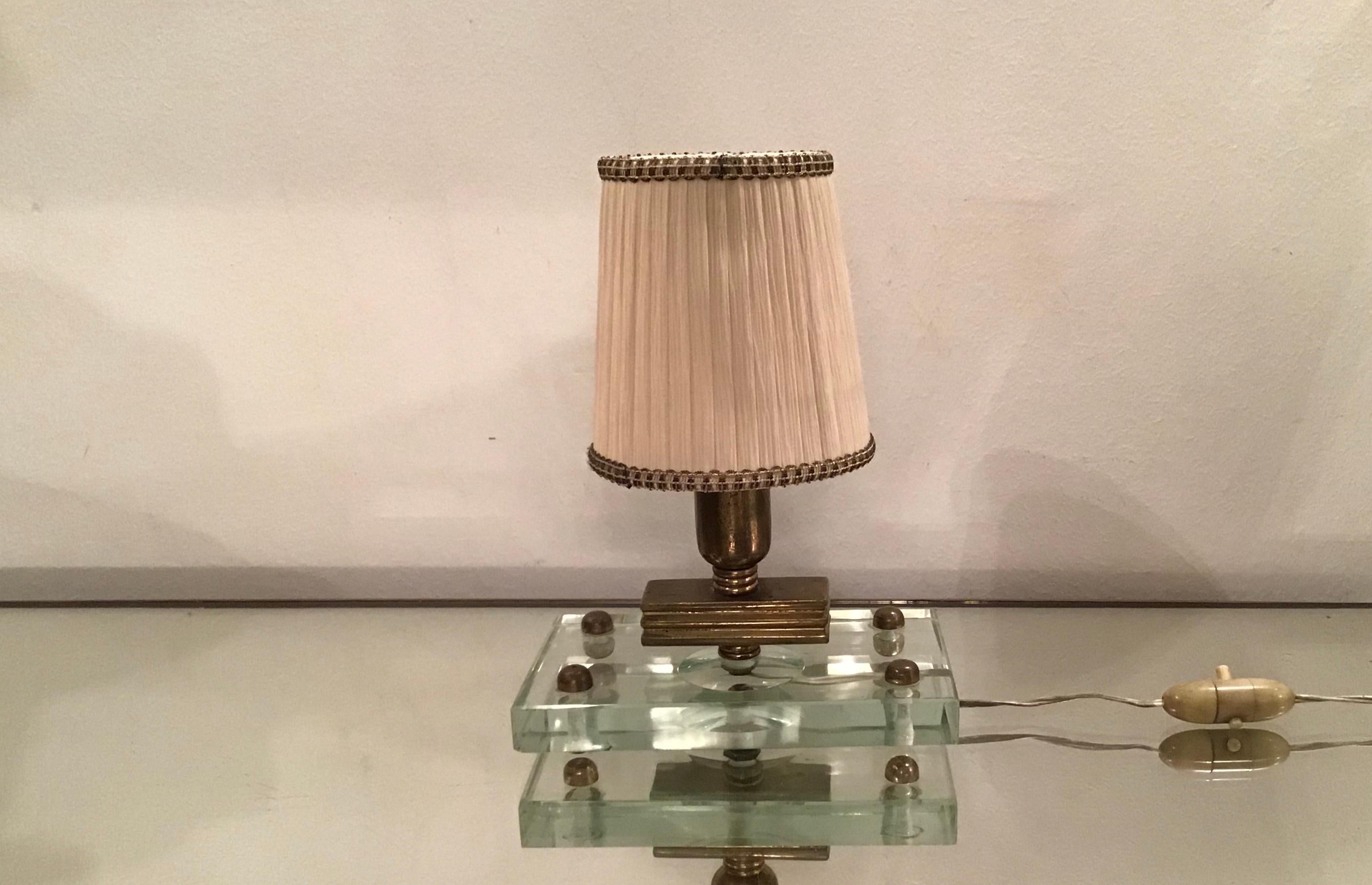 Other Fontana Arte Table Lamp Glass Brass Fabric Lampshade, 1950, Italy For Sale