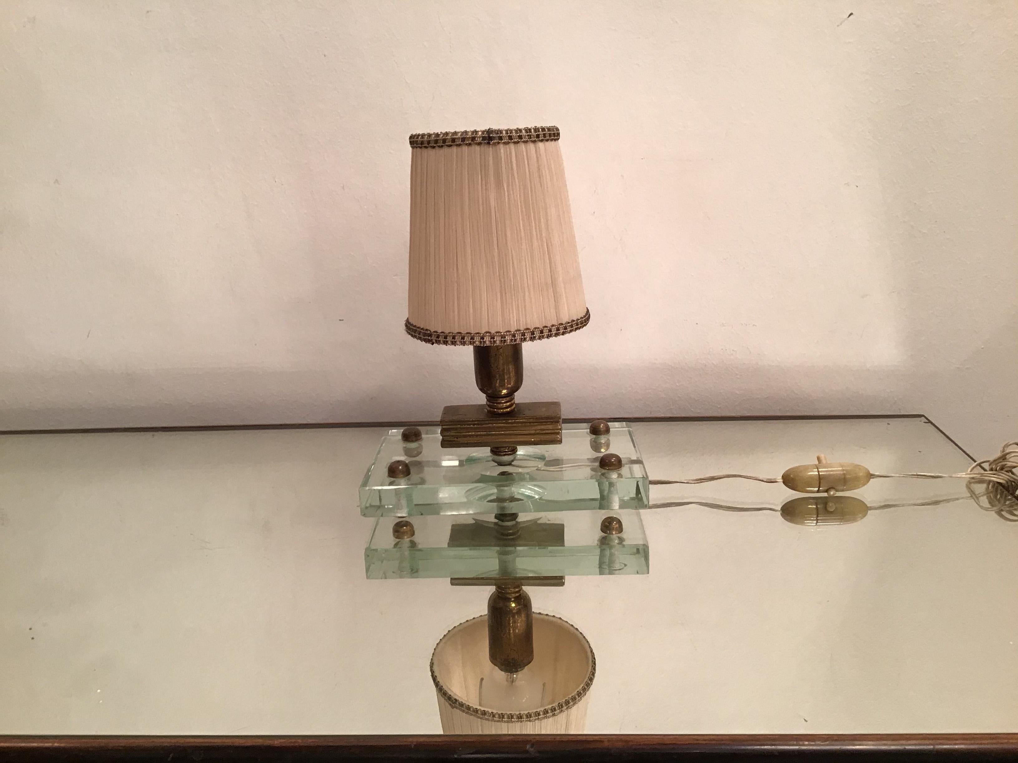 Italian Fontana Arte Table Lamp Glass Brass Fabric Lampshade, 1950, Italy For Sale