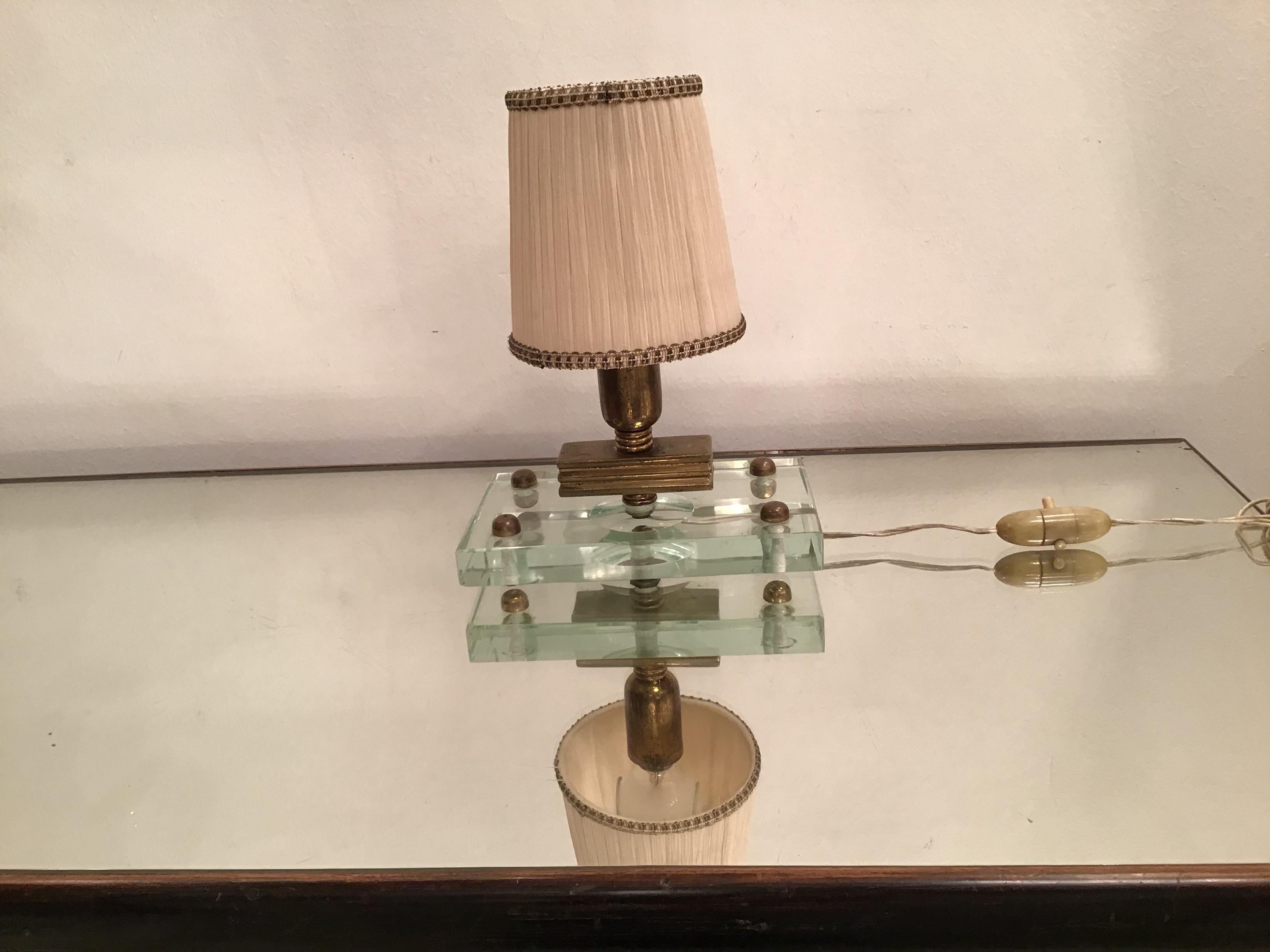 Fontana Arte Table Lamp Glass Brass Fabric Lampshade, 1950, Italy In Excellent Condition For Sale In Milano, IT