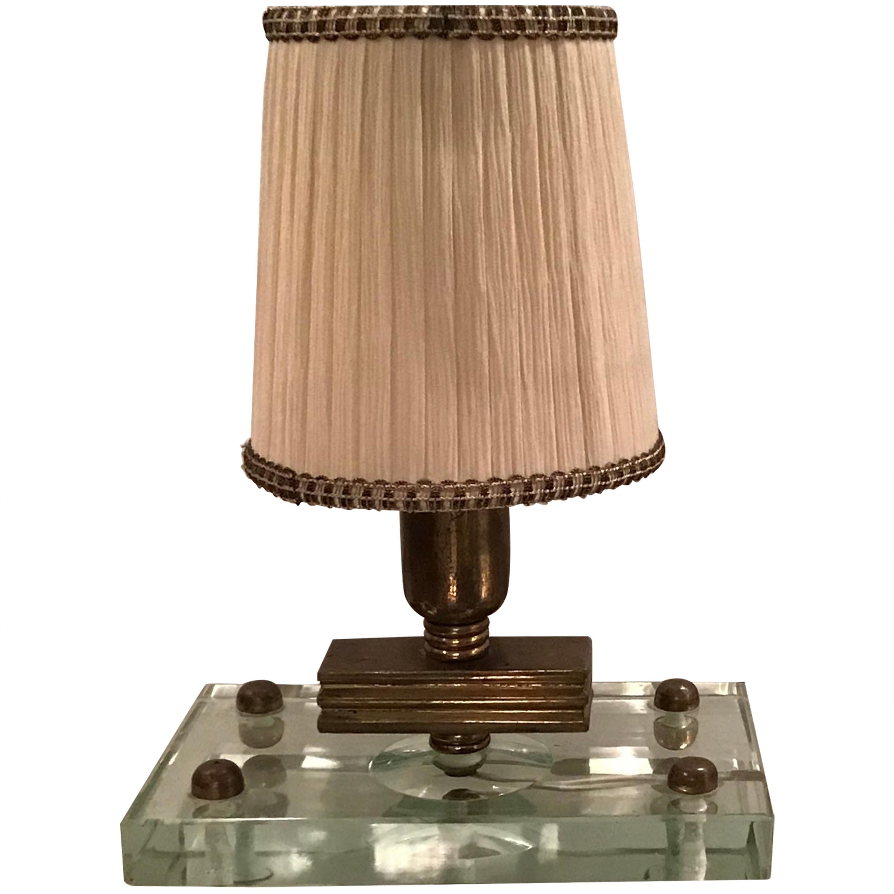 Fontana Arte Table Lamp Glass Brass Fabric Lampshade, 1950, Italy For Sale