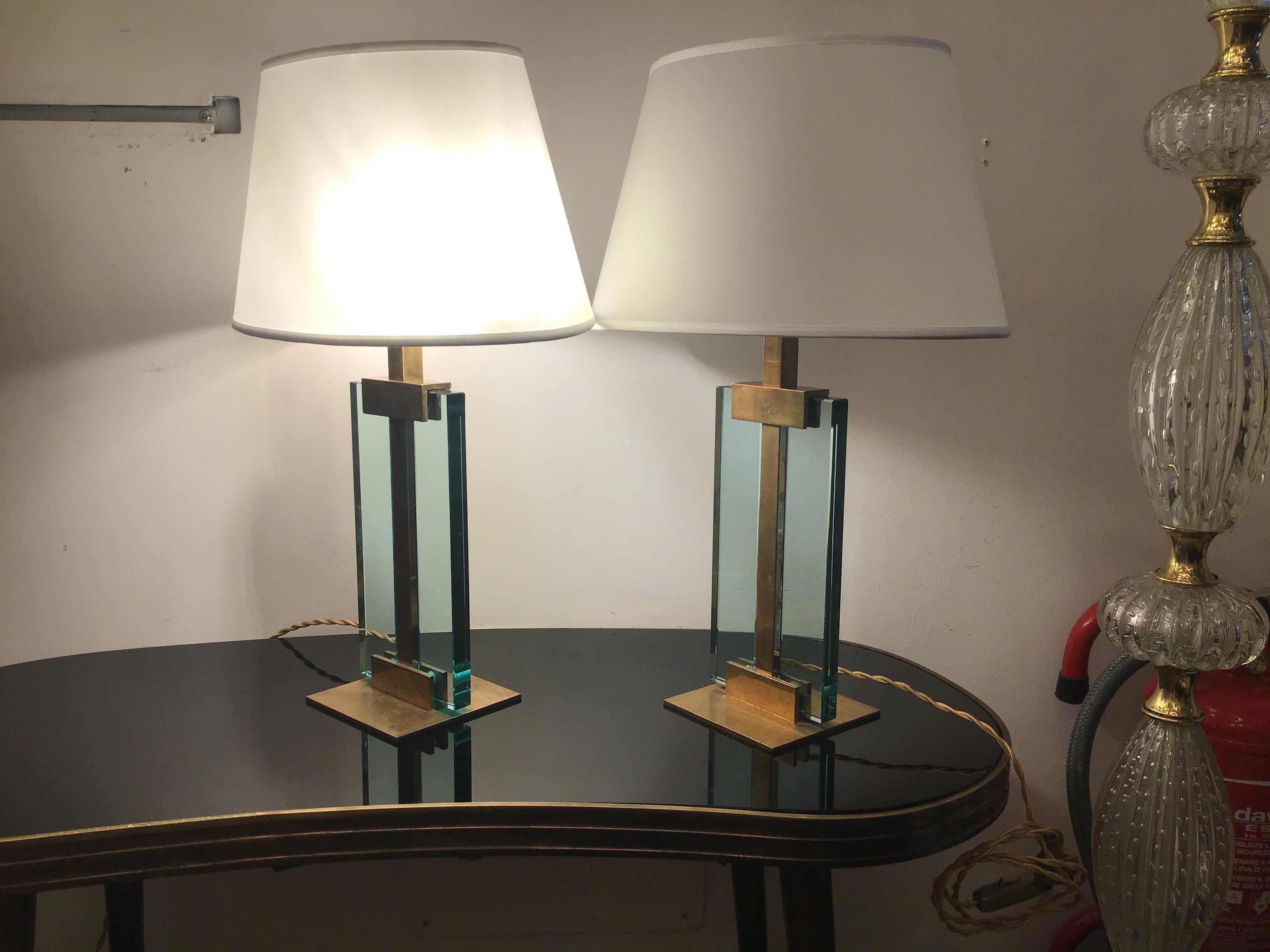 Fontana Arte Table Lamps Brass Glass Fabric Lampshade, 1950, Italy For Sale 4