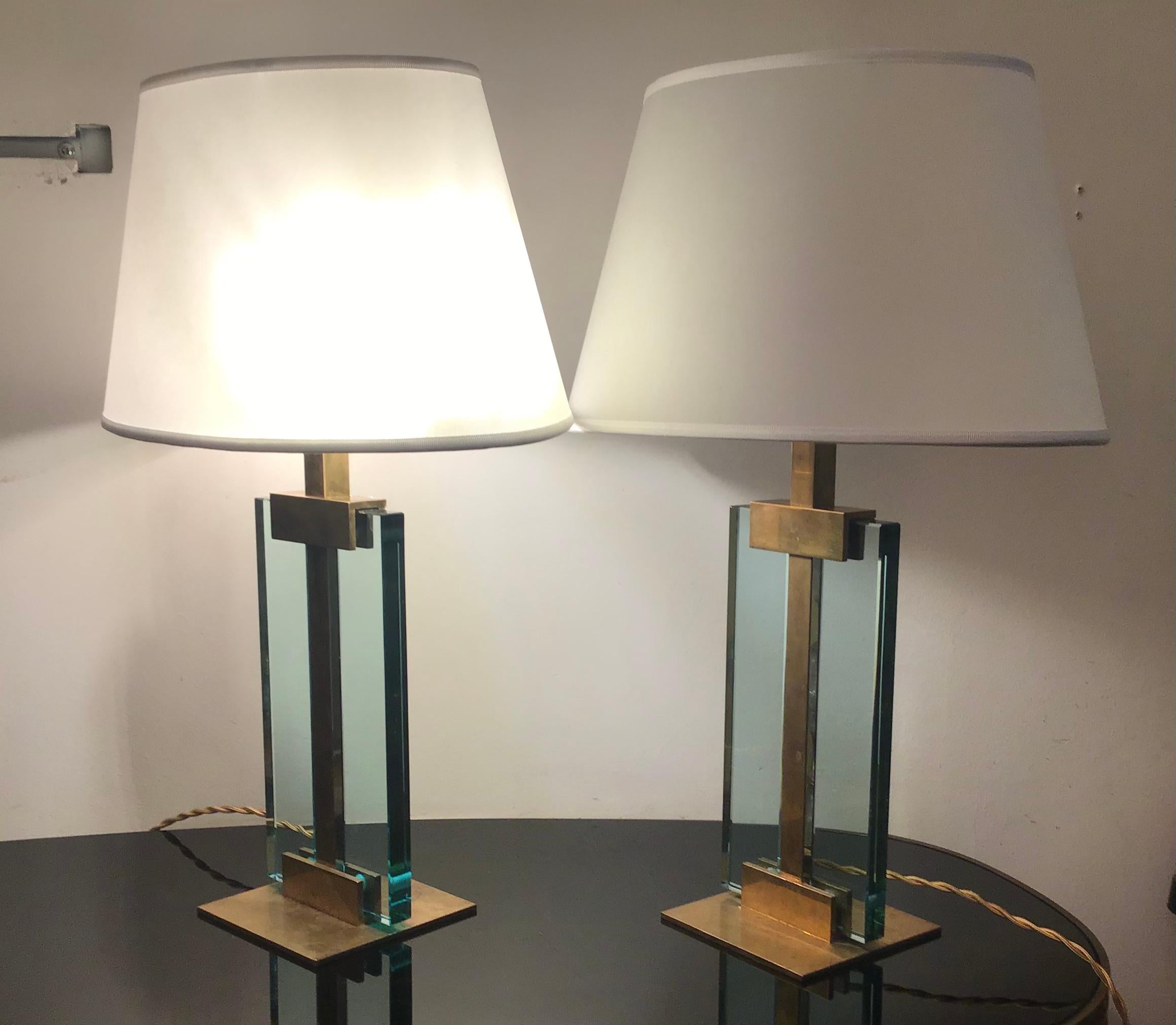 Fontana Arte Table Lamps Brass Glass Fabric Lampshade, 1950, Italy For Sale 5