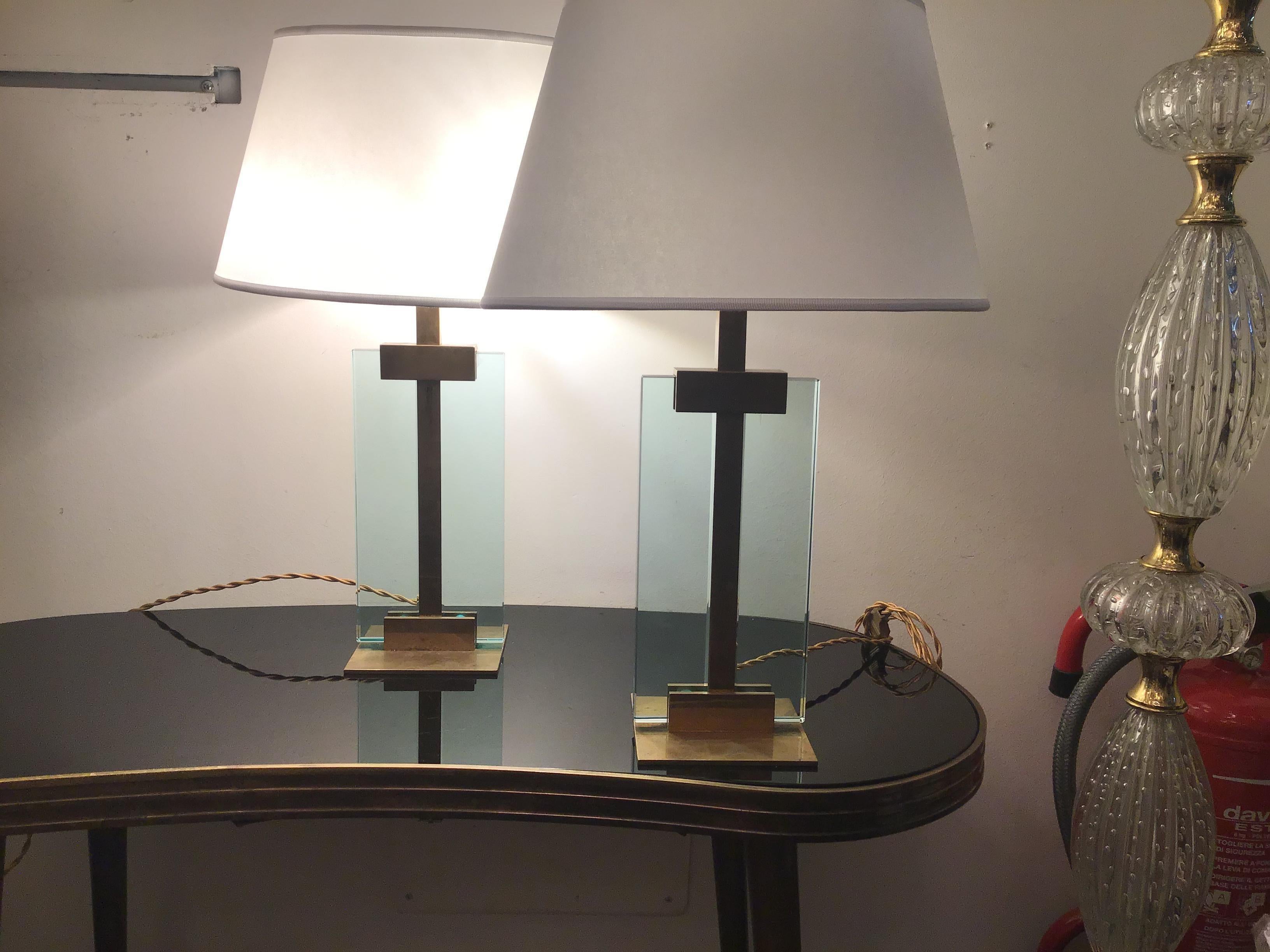 Fontana Arte Table Lamps Brass Glass Fabric Lampshade, 1950, Italy For Sale 6