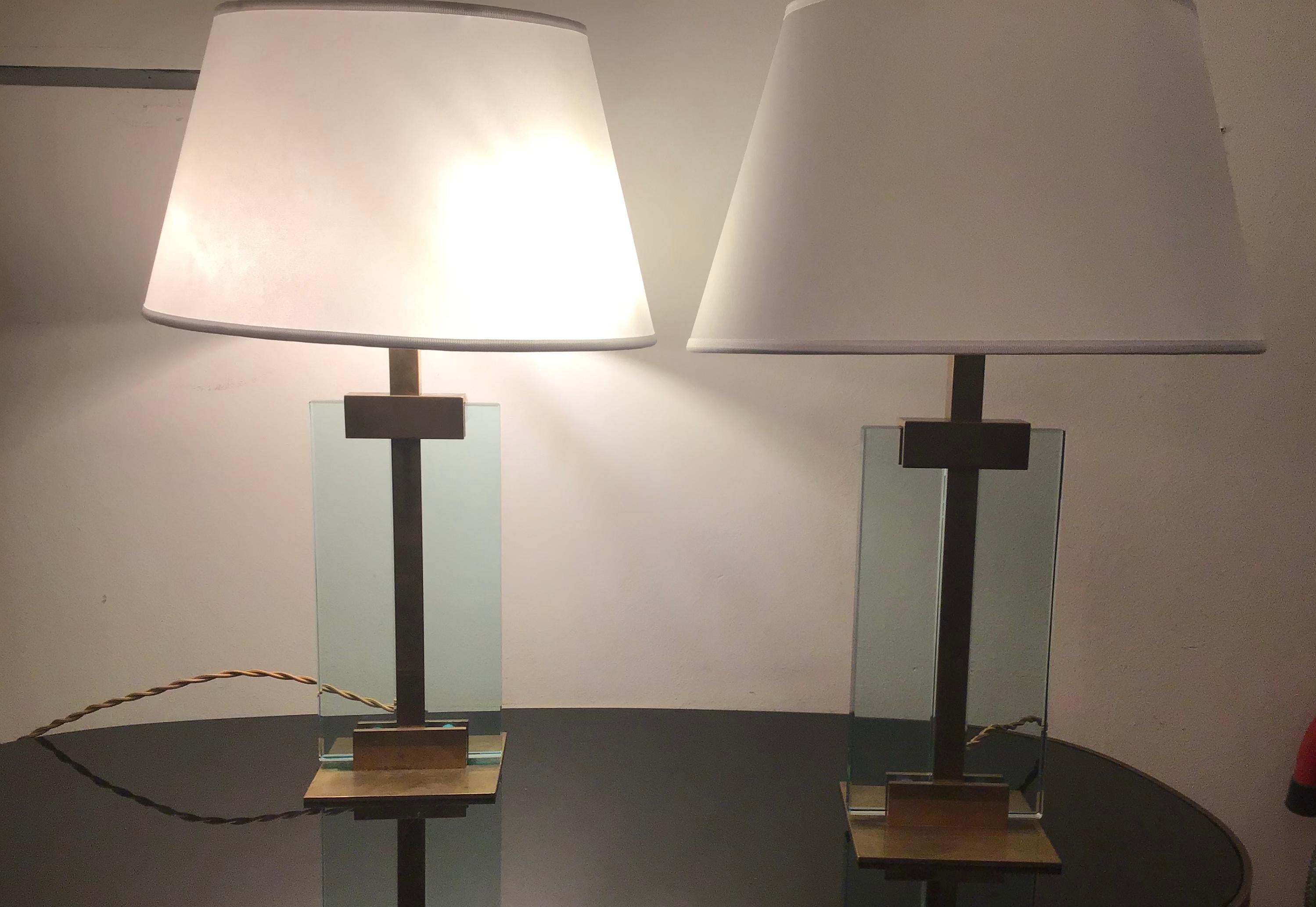 Fontana Arte Table Lamps Brass Glass Fabric Lampshade, 1950, Italy For Sale 7