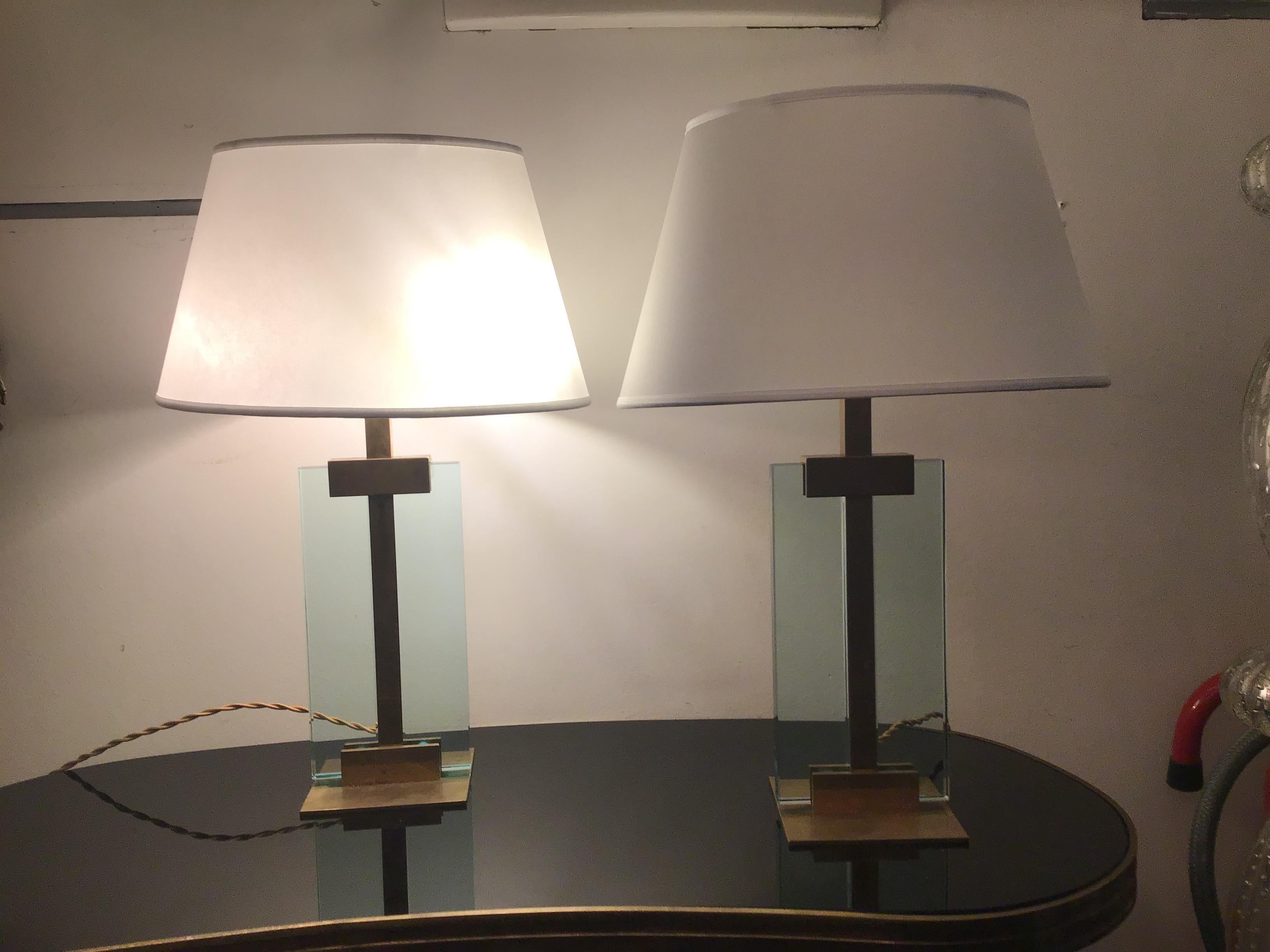 Fontana Arte Table Lamps Brass Glass Fabric Lampshade, 1950, Italy For Sale 8