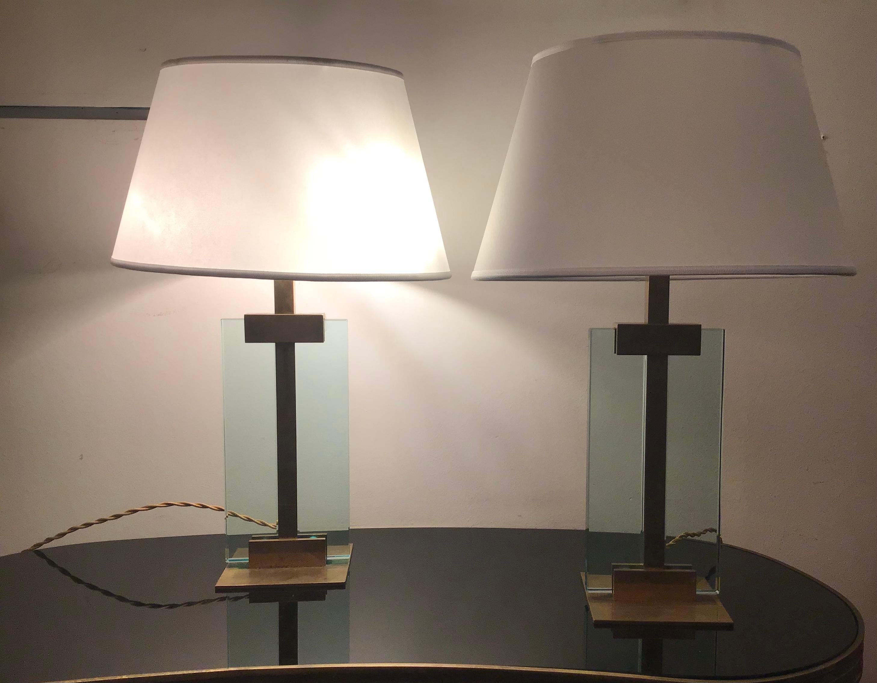 Fontana Arte Table Lamps Brass Glass Fabric Lampshade, 1950, Italy For Sale 9