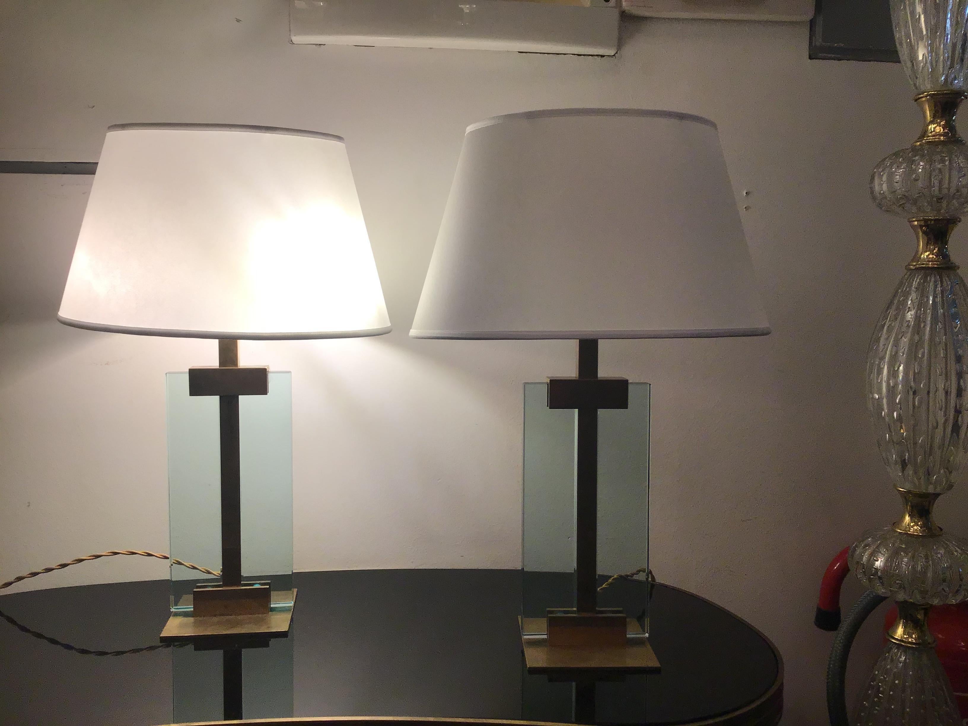 Fontana Arte Table Lamps Brass Glass Fabric Lampshade, 1950, Italy For Sale 11