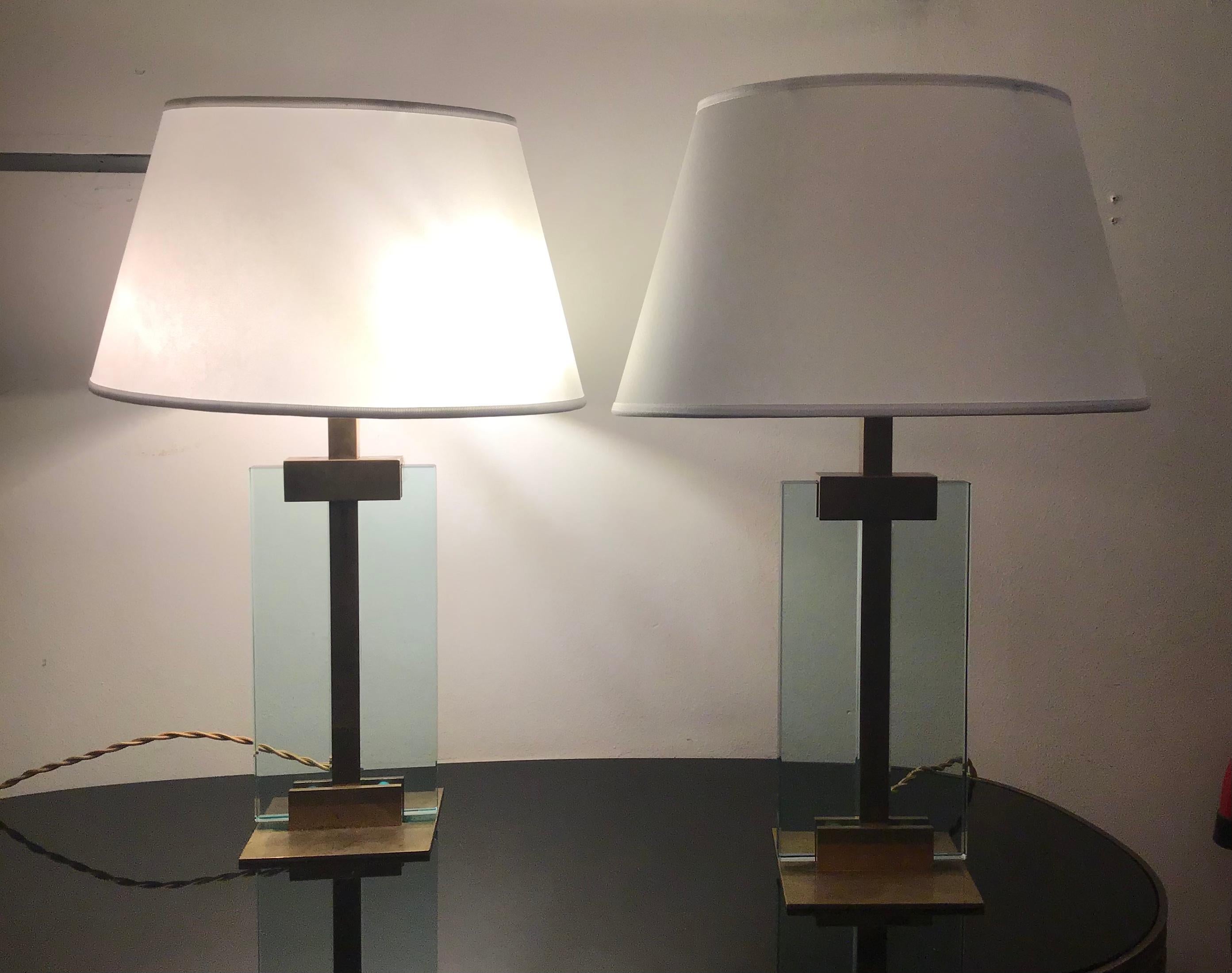 Fontana Arte Table Lamps Brass Glass Fabric Lampshade, 1950, Italy For Sale 12
