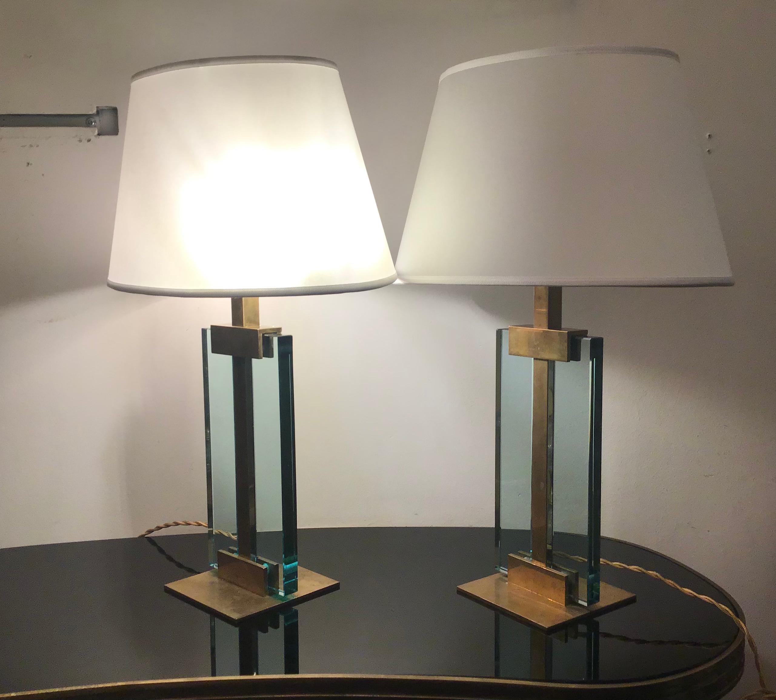 Fontana Arte Table Lamps Brass Glass Fabric Lampshade, 1950, Italy For Sale 13