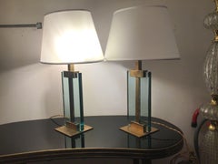 Fontana Arte Table Lamps Brass Glass Fabric Lampshade, 1950, Italy