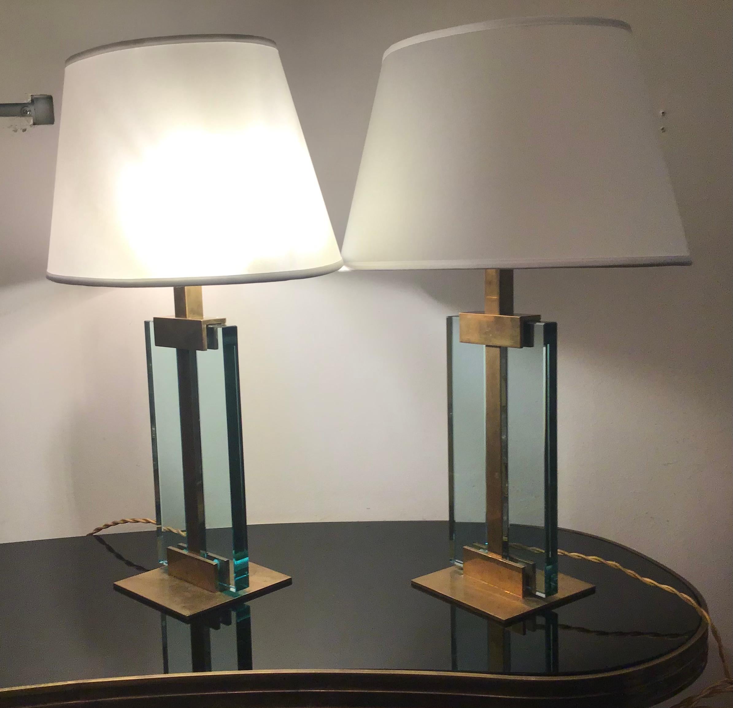 Other Fontana Arte Table Lamps Brass Glass Fabric Lampshade, 1950, Italy For Sale