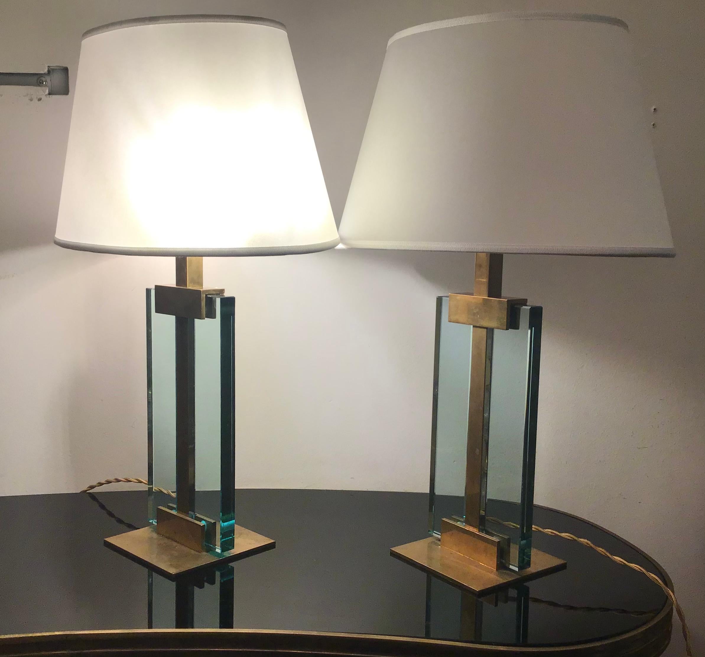 Italian Fontana Arte Table Lamps Brass Glass Fabric Lampshade, 1950, Italy For Sale