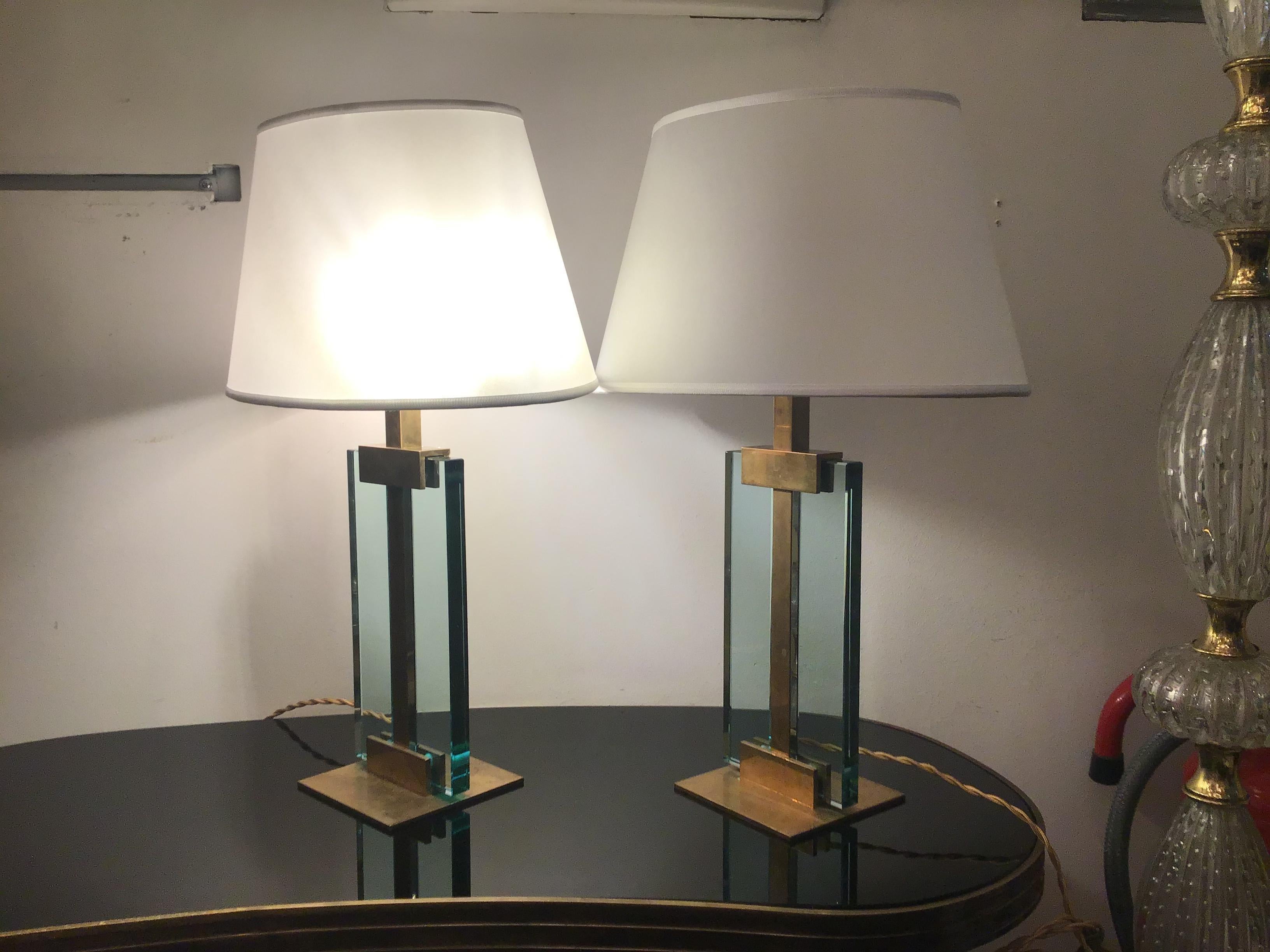 Fontana Arte Table Lamps Brass Glass Fabric Lampshade, 1950, Italy In Excellent Condition For Sale In Milano, IT