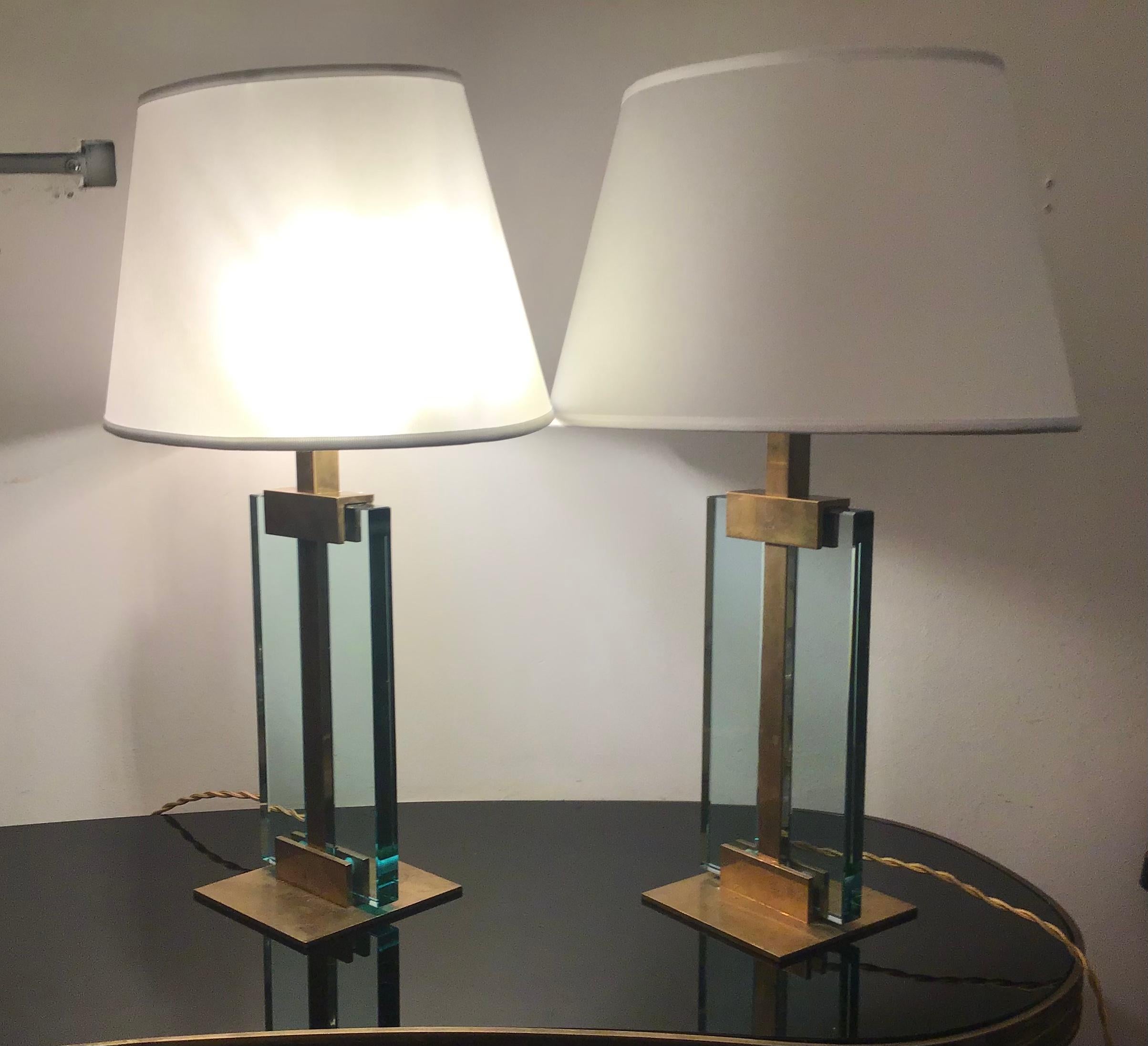 Fontana Arte Table Lamps Brass Glass Fabric Lampshade, 1950, Italy For Sale 1