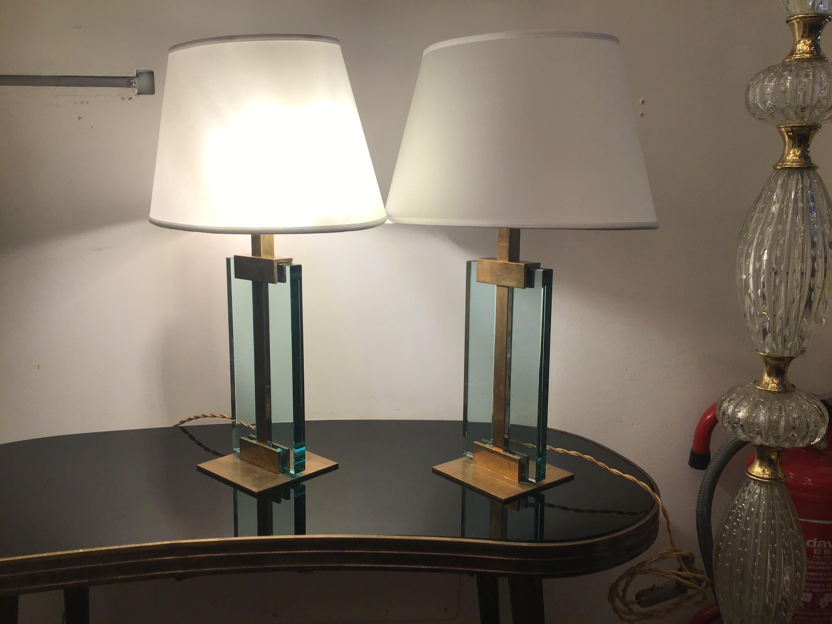 Fontana Arte Table Lamps Brass Glass Fabric Lampshade, 1950, Italy For Sale 3