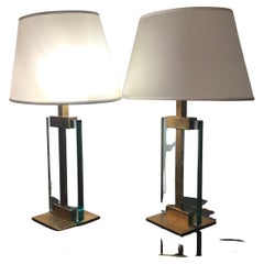 Vintage Fontana Arte Table Lamps Brass Glass Fabric Lampshade, 1950, Italy 
