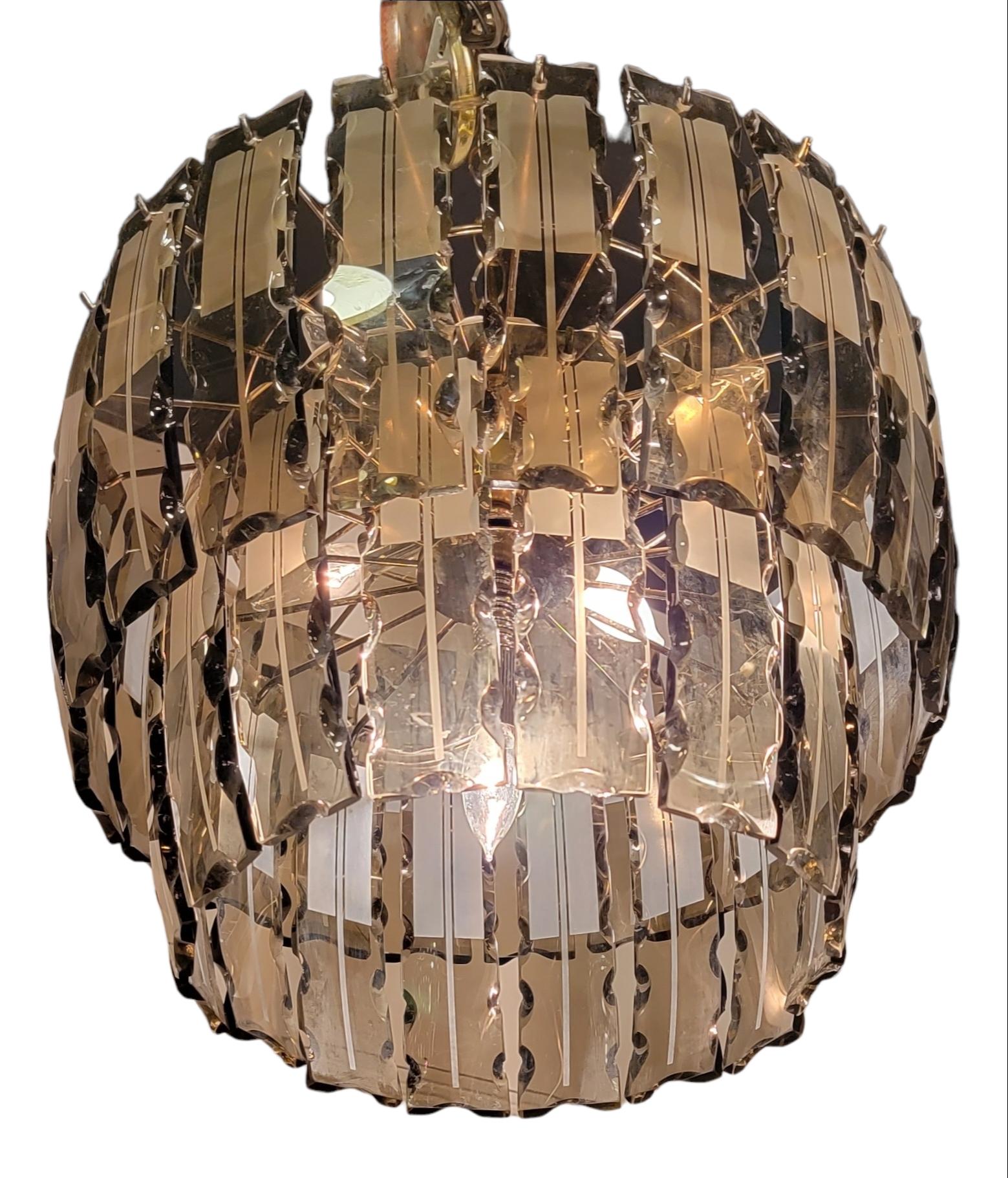 Fontana Arte Two Tier Smoked Etched Glass Chandelier. Measures approx 14 high x 18 diameter
