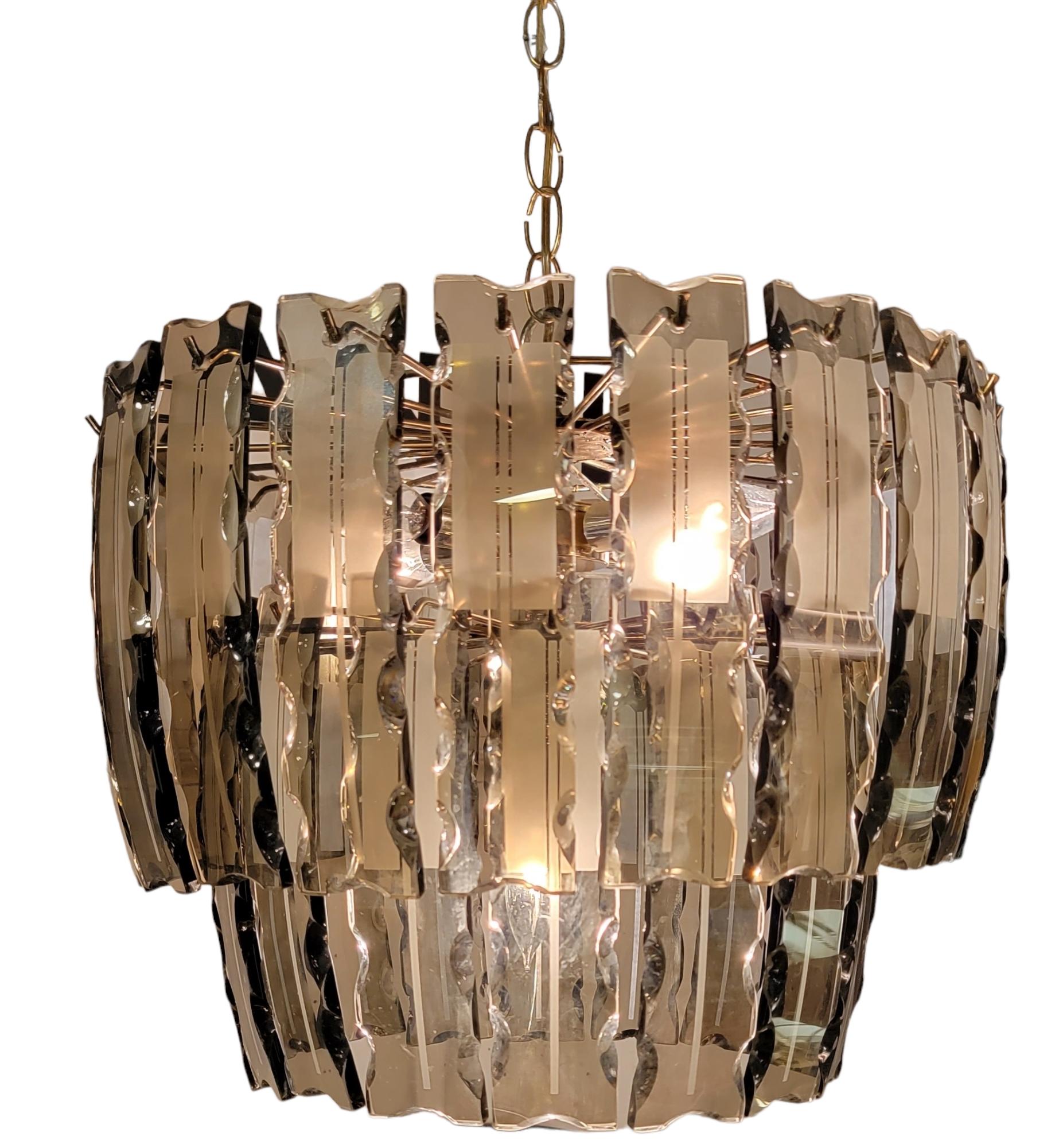 Late 20th Century Fontana Arte Two Tier Smoked Etched Glass Chandelier