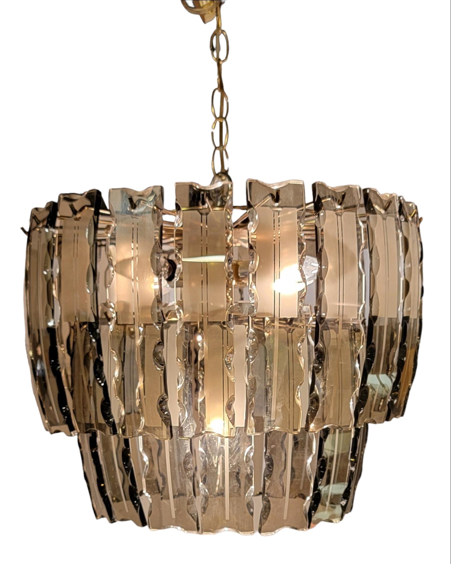 Fontana Arte Two Tier Smoked Etched Glass Chandelier 1