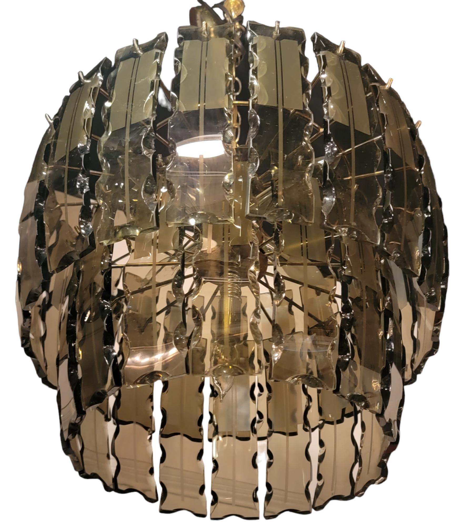 Fontana Arte Two Tier Smoked Etched Glass Chandelier 2