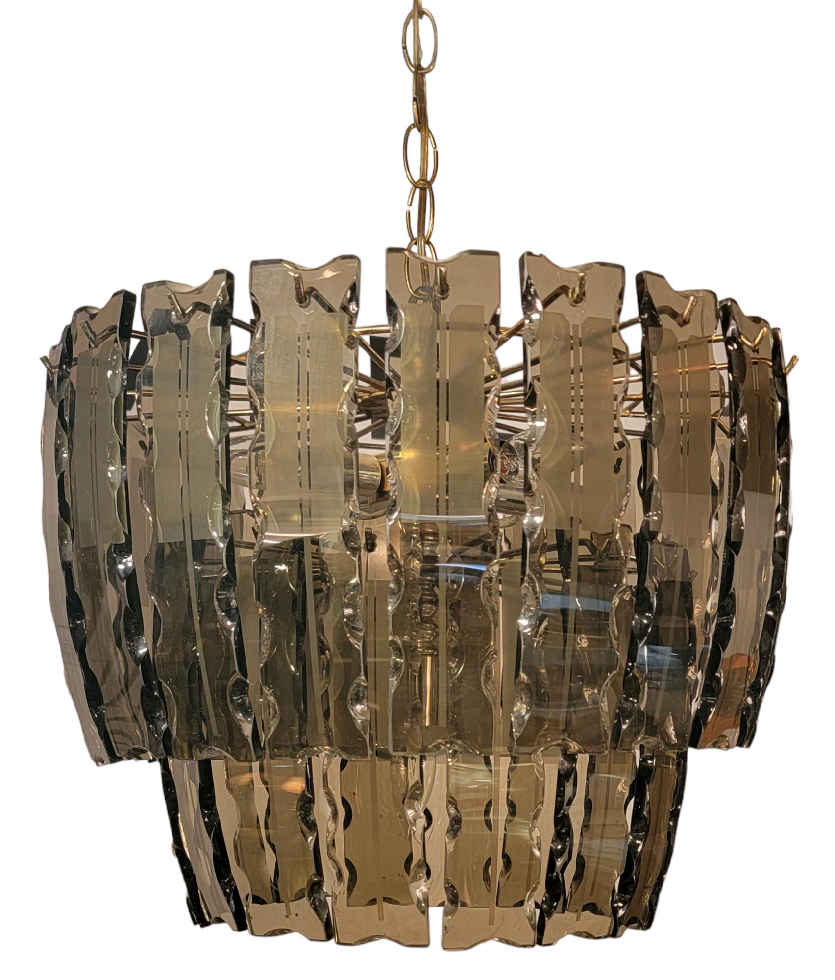 Fontana Arte Two Tier Smoked Etched Glass Chandelier 3