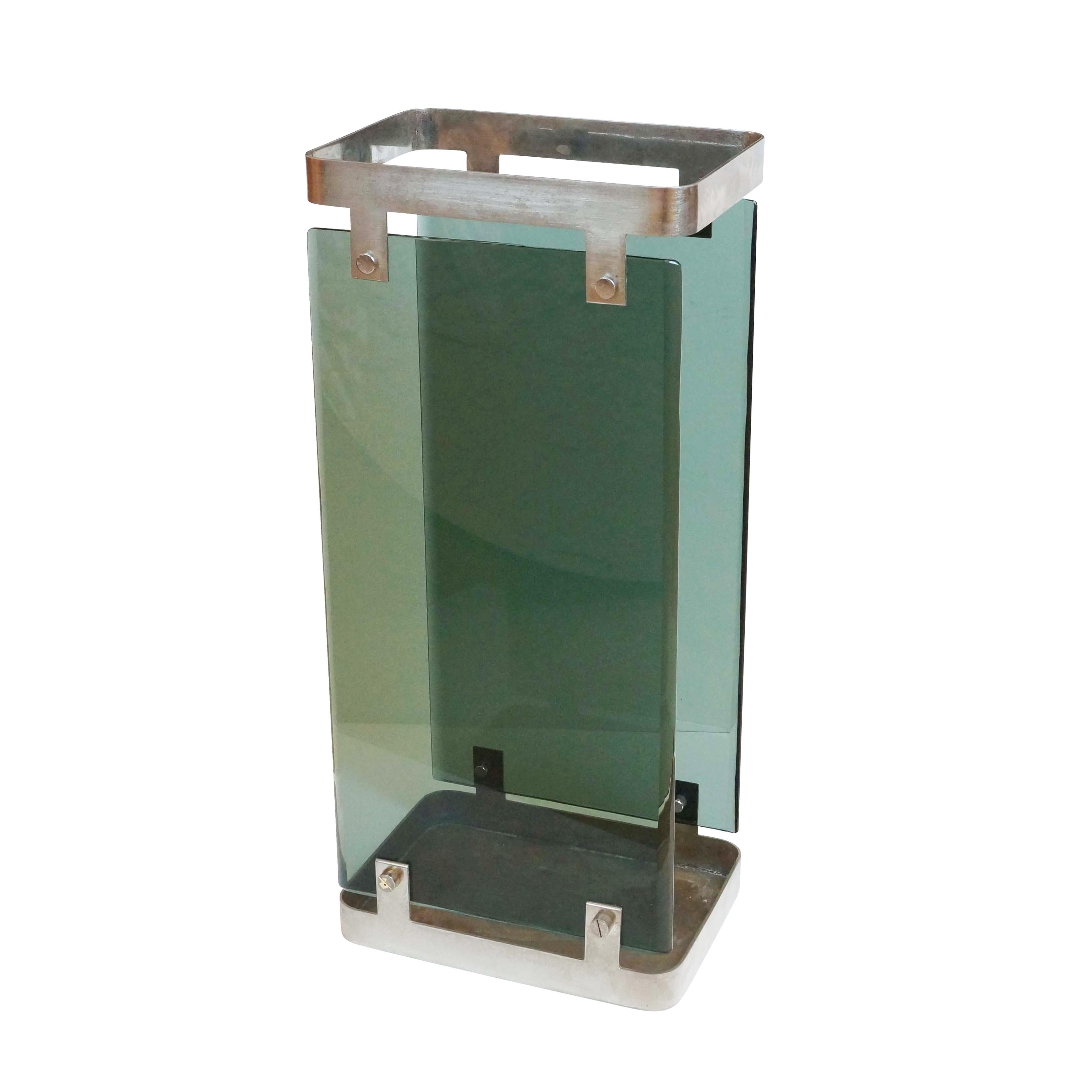 Refined 1960s Fontana Arte umbrella stand designed by Max Ingrand composed of two beveled green glasses mounted on brushed nickel frame. 

Condition: Excellent vintage condition, wear consistent with age and use. 

Width: 10.25” 

Depth: 7.5”