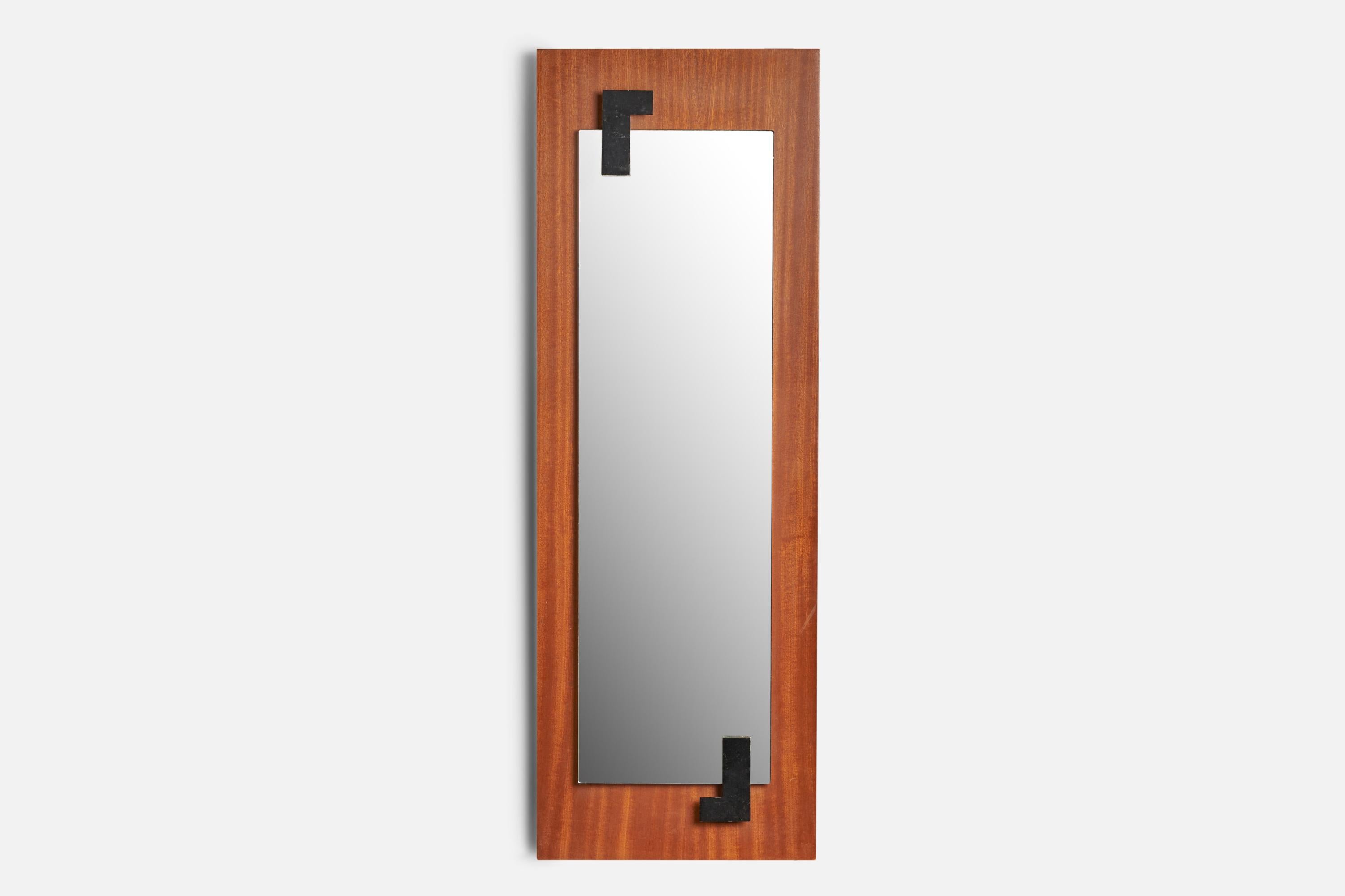 A teak and black-lacquered metal wall mirror, designed and produced by Fontana Arte, Italy, 1950s. With paper label to backside.
 
