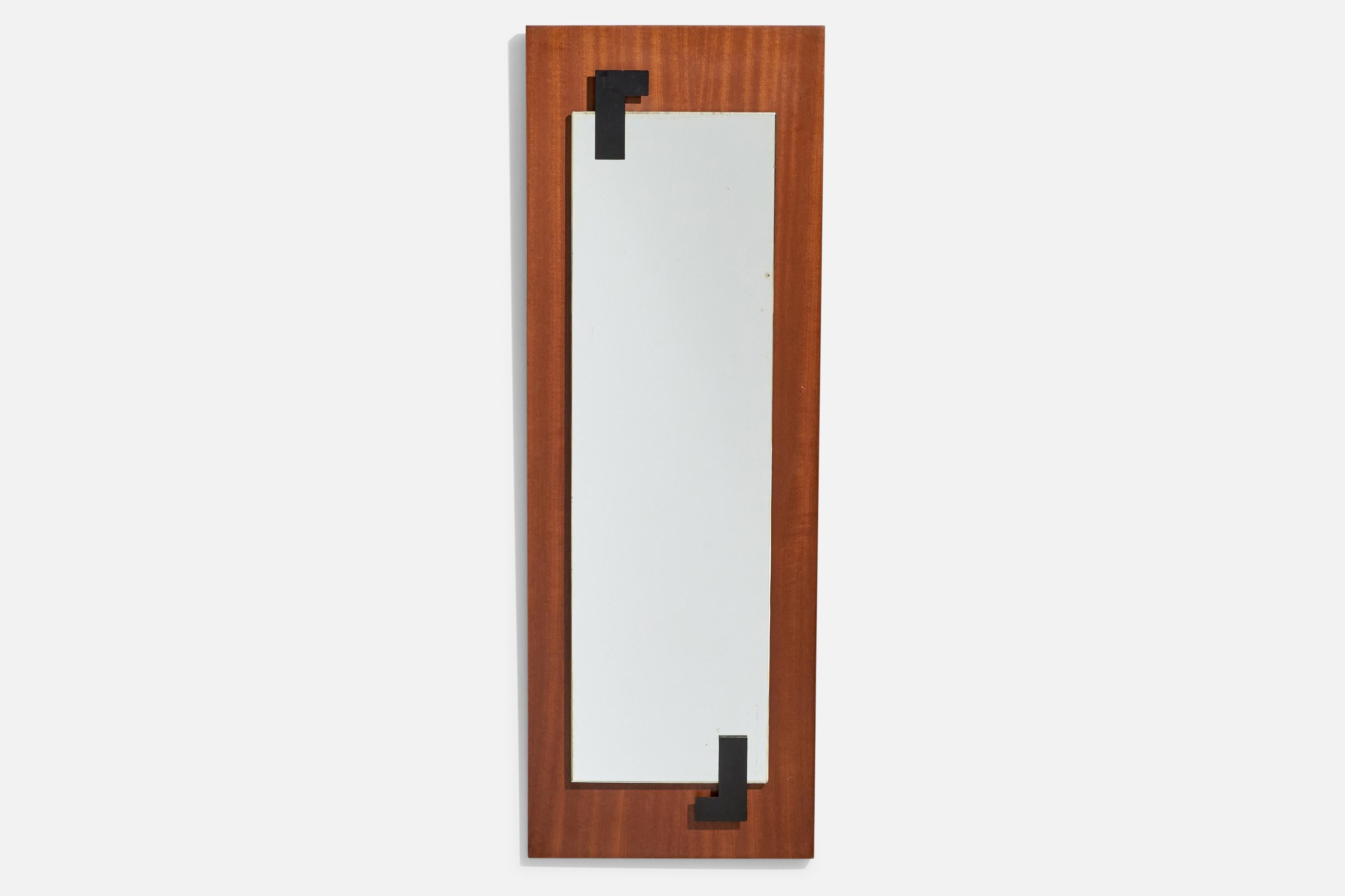 A teak and black-lacquered metal wall mirror, designed and produced by Fontana Arte, Italy, 1950s. With paper label to backside.
 