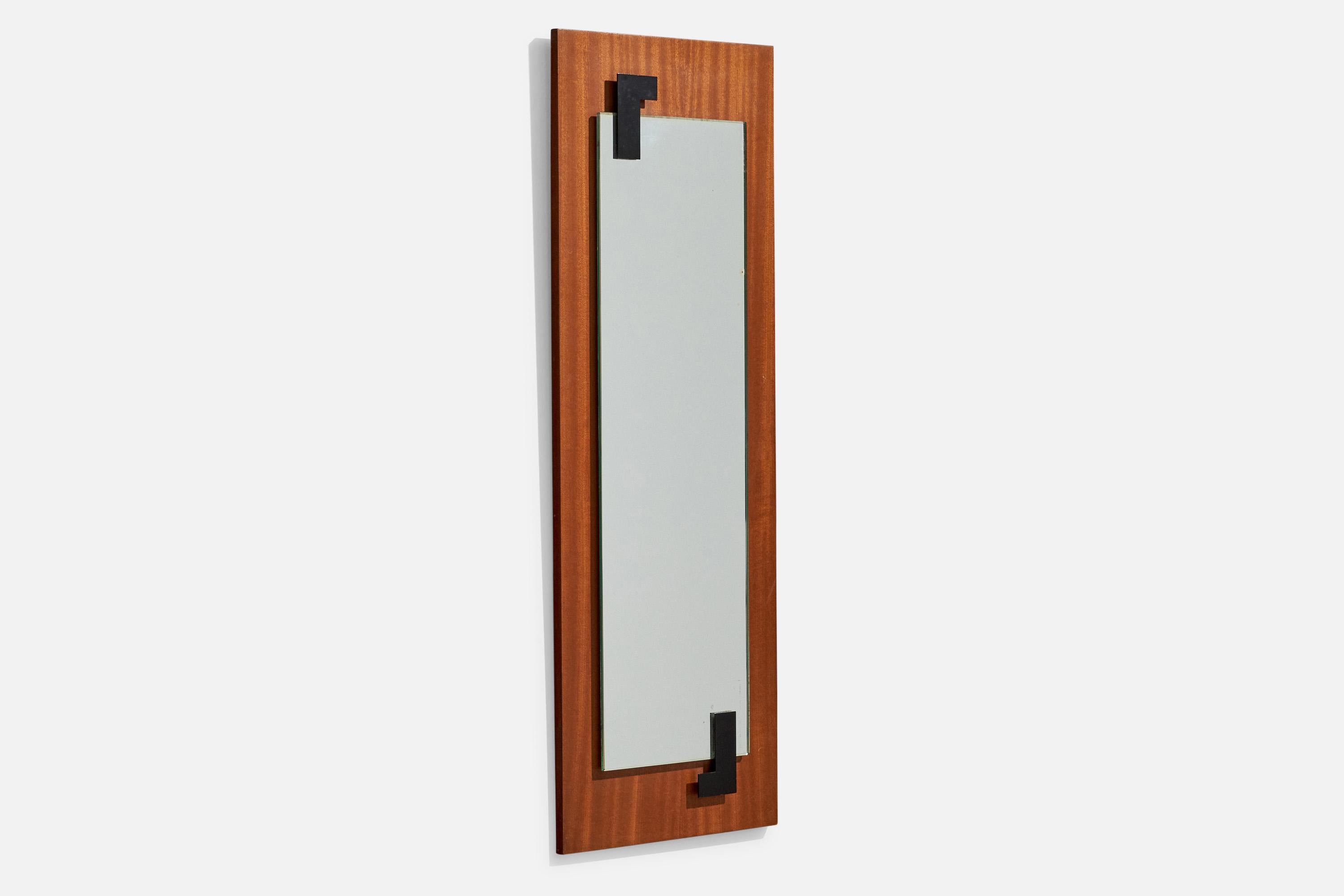 Italian Fontana Arte, Wall Mirror, Teak, Metal, Italy, 1950s For Sale
