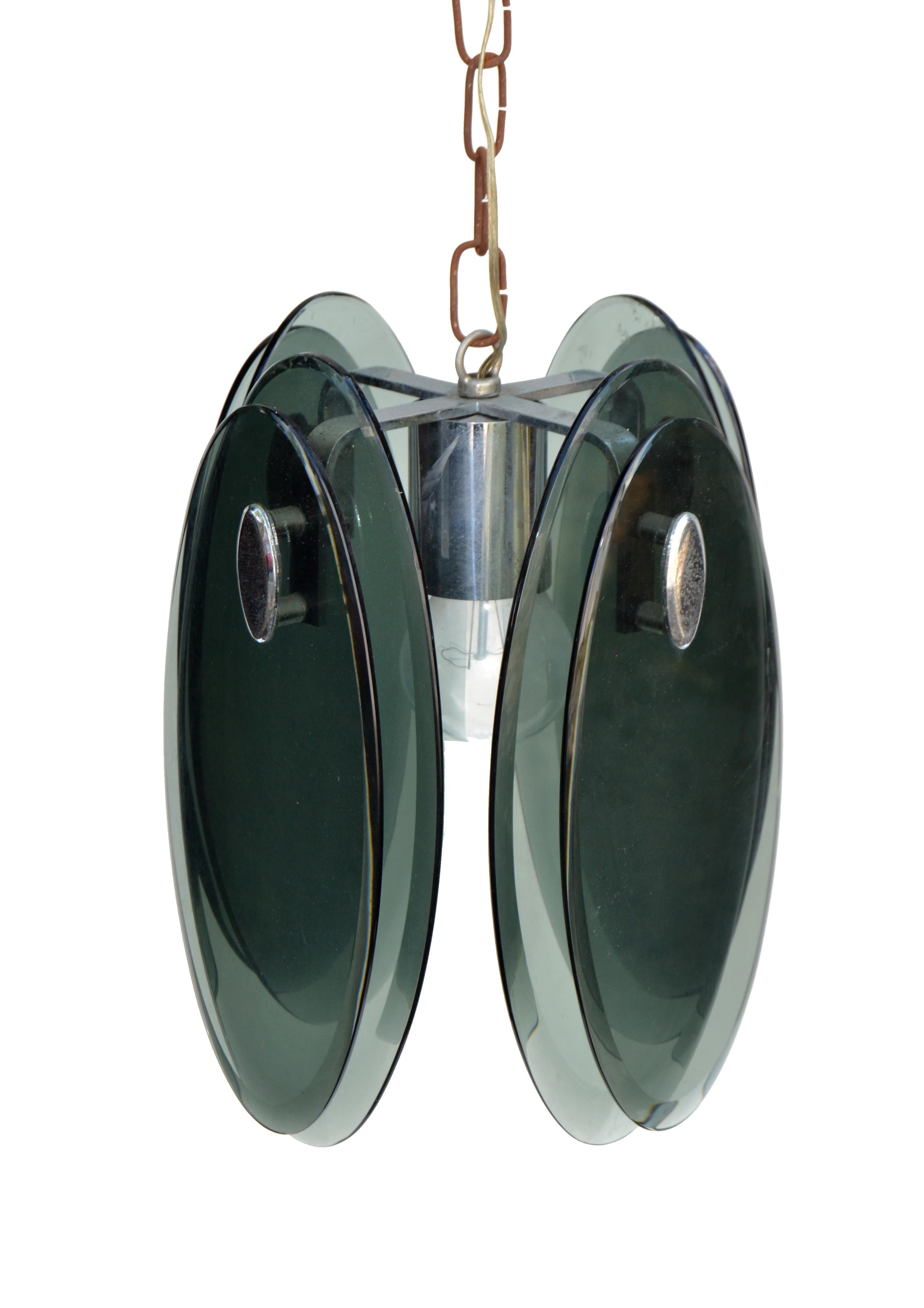 Beveled Fontana Arte Style Mid-Century Modern Glass & Chrome Pendant Light Fixture 1960s For Sale