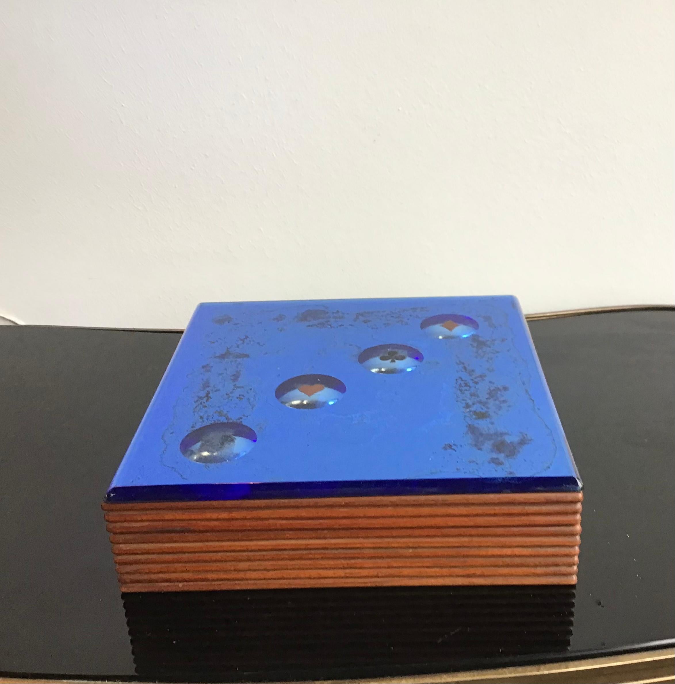 Other Fontana Arte Blue Mirrored Glass and Wood Game Box, 1950, Italy For Sale