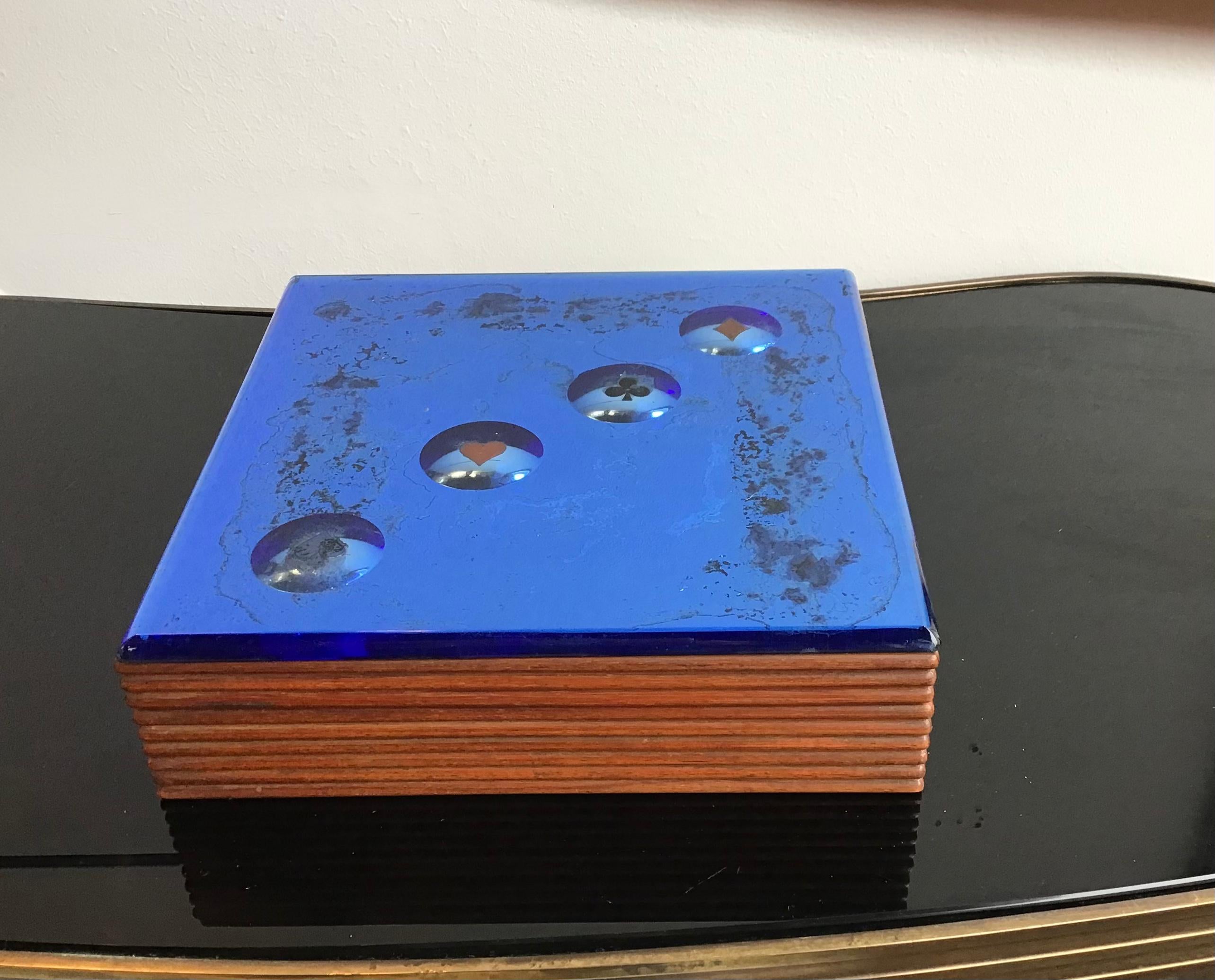 Mid-20th Century Fontana Arte Blue Mirrored Glass and Wood Game Box, 1950, Italy For Sale