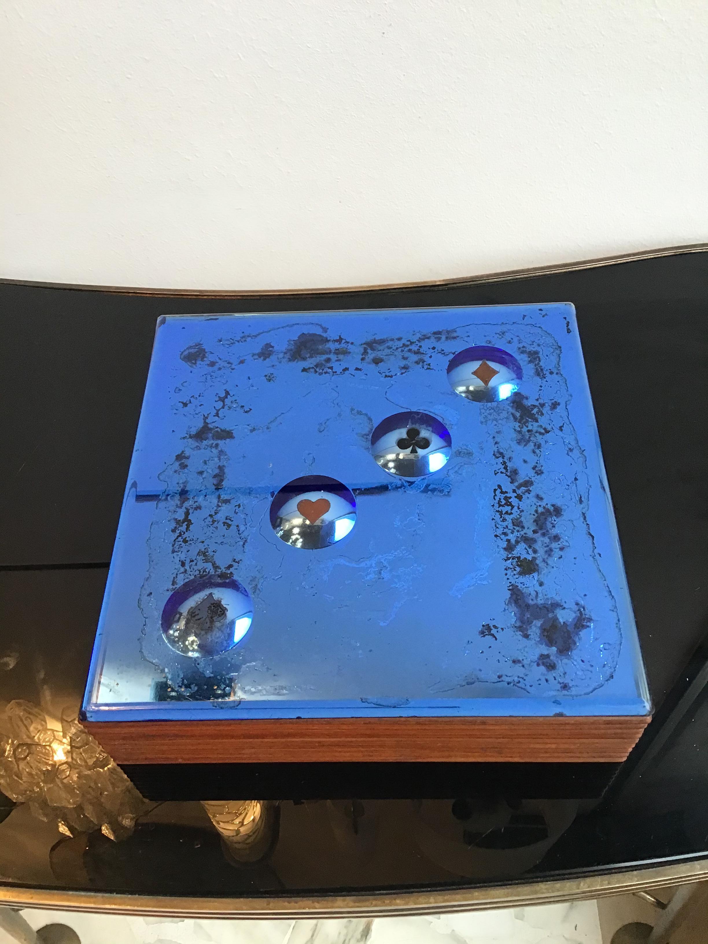Blaue Spieldose aus verspiegeltem Glas und Holz von Fontana Arte, 1950, Italien im Angebot 2