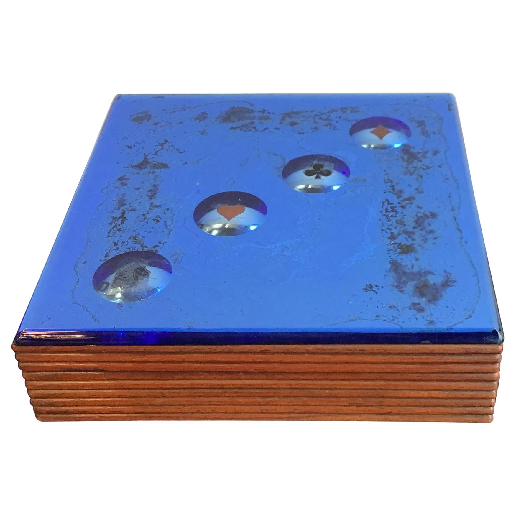 Blaue Spieldose aus verspiegeltem Glas und Holz von Fontana Arte, 1950, Italien im Angebot